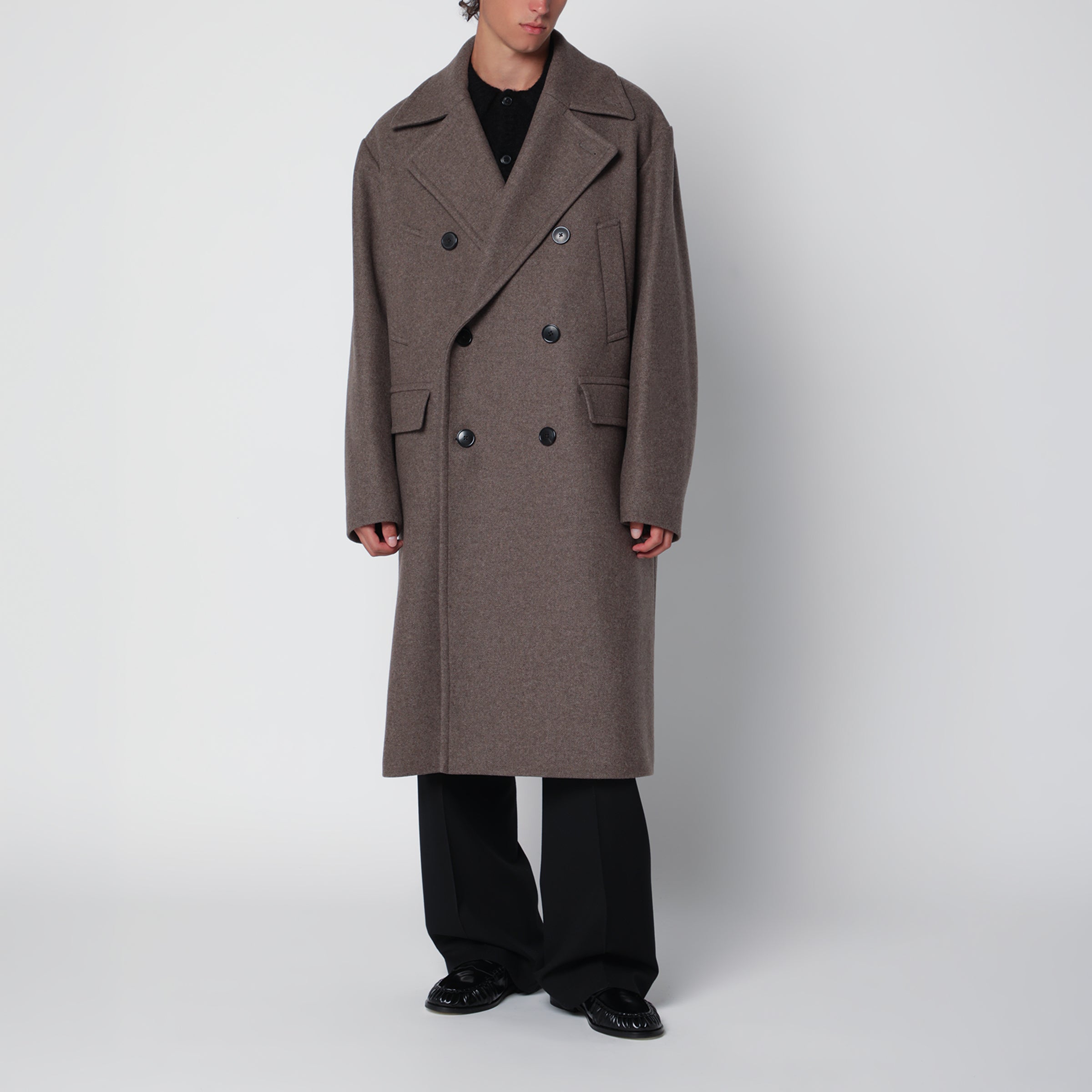 Dries Van Noten Taupe double-breasted coat in a wool blend