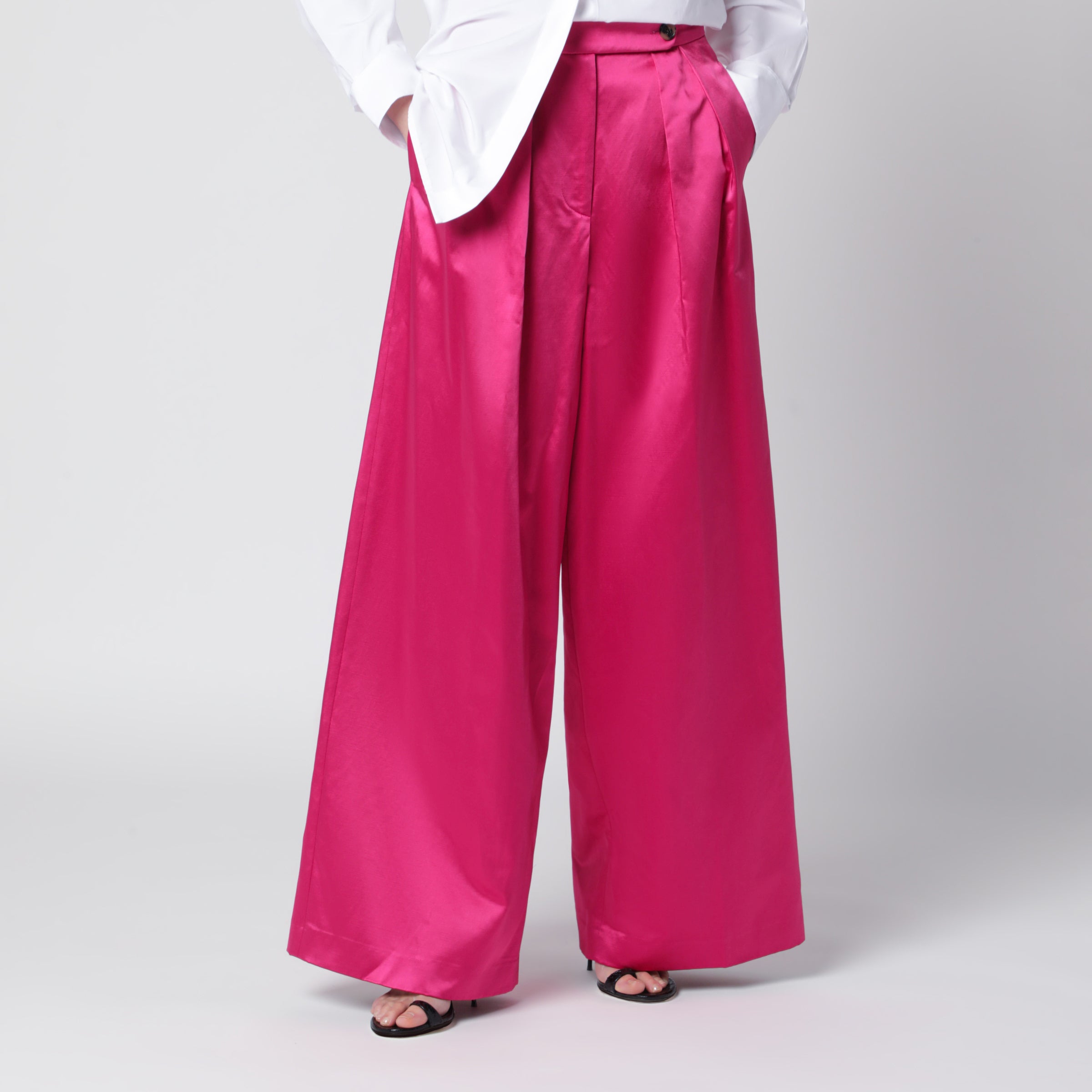 Dries Van Noten Wide pleated fuchsia satin trousers | TheDoubleF