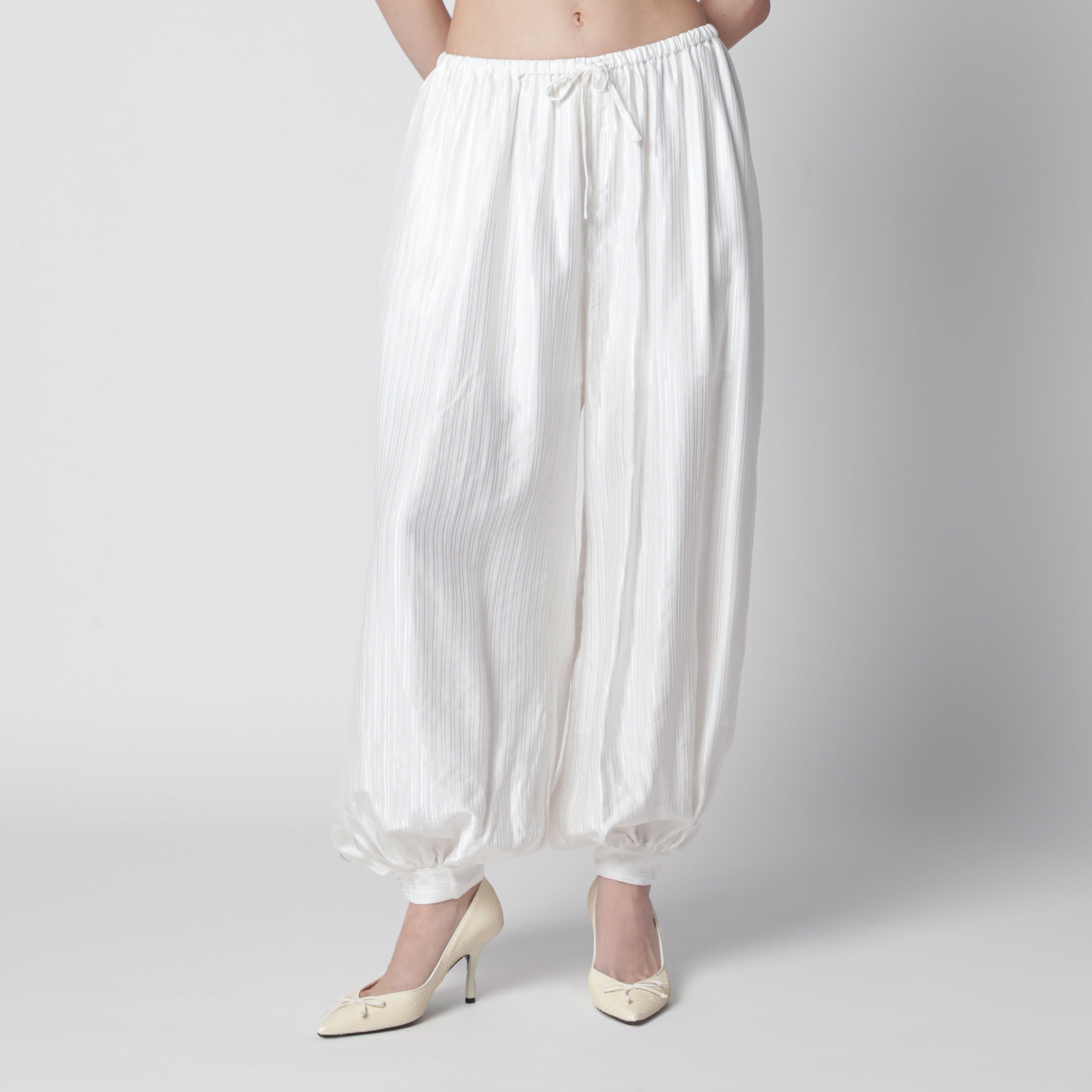 ROTATE Striped balloon pants in viscose, bright white | TheDoubleF