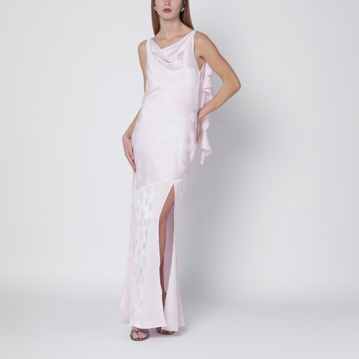 satin jacquard dress Take a Bow Asymmetrical Midi Black / M This garment fits true to size ROTATE Long pink satin jacquard