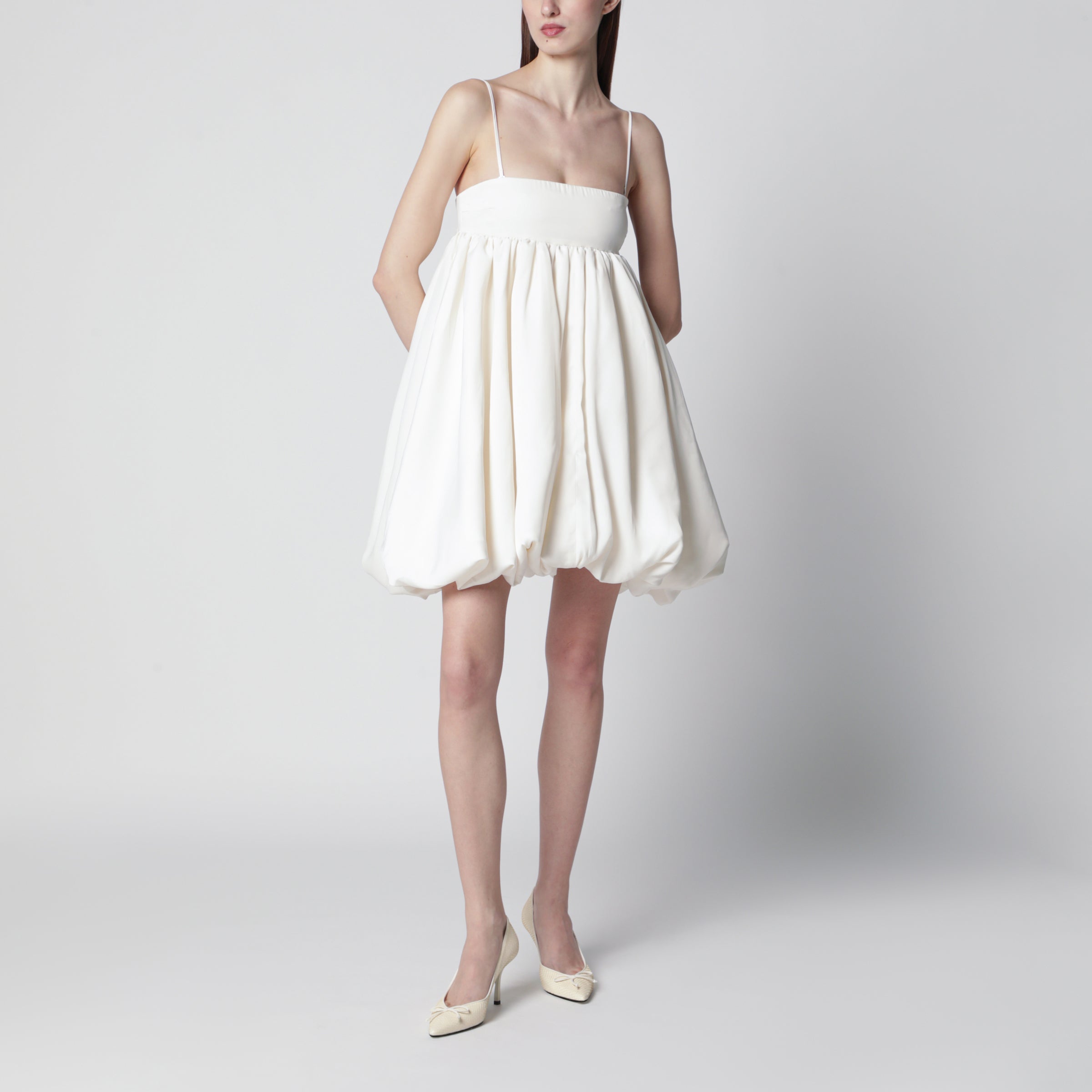 ROTATE Strapless balloon mini dress in satin, egret | TheDoubleF