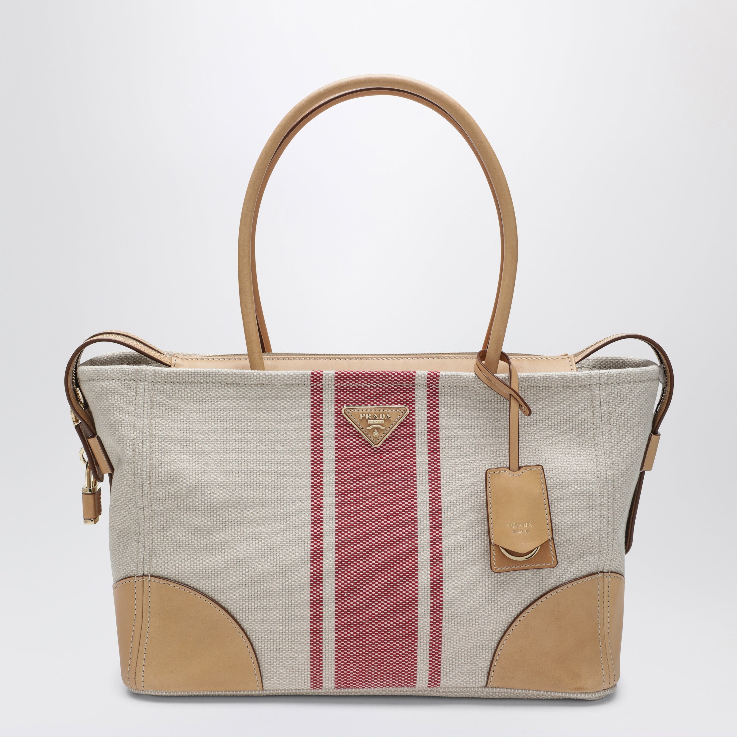 Prada Large shopping bag in canvas and natural/red leather 