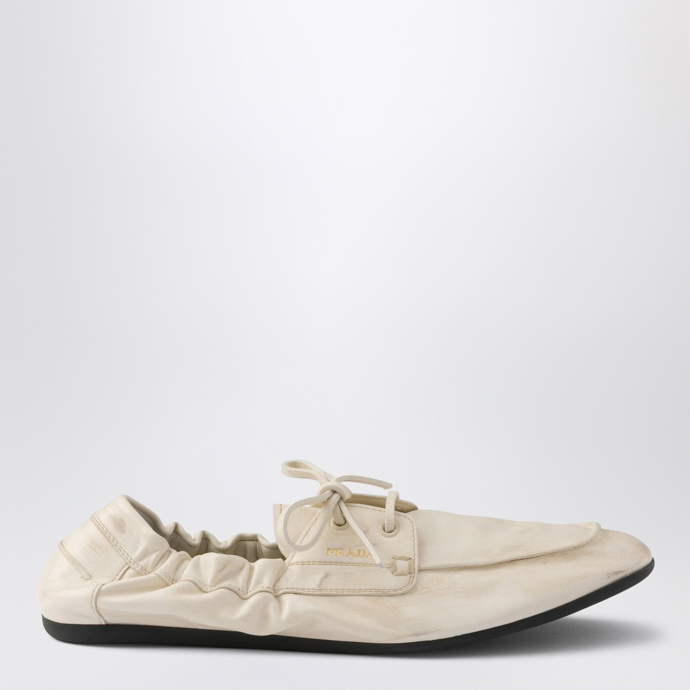Prada Shuffle boat loafers in antique-effect leather, talc color 