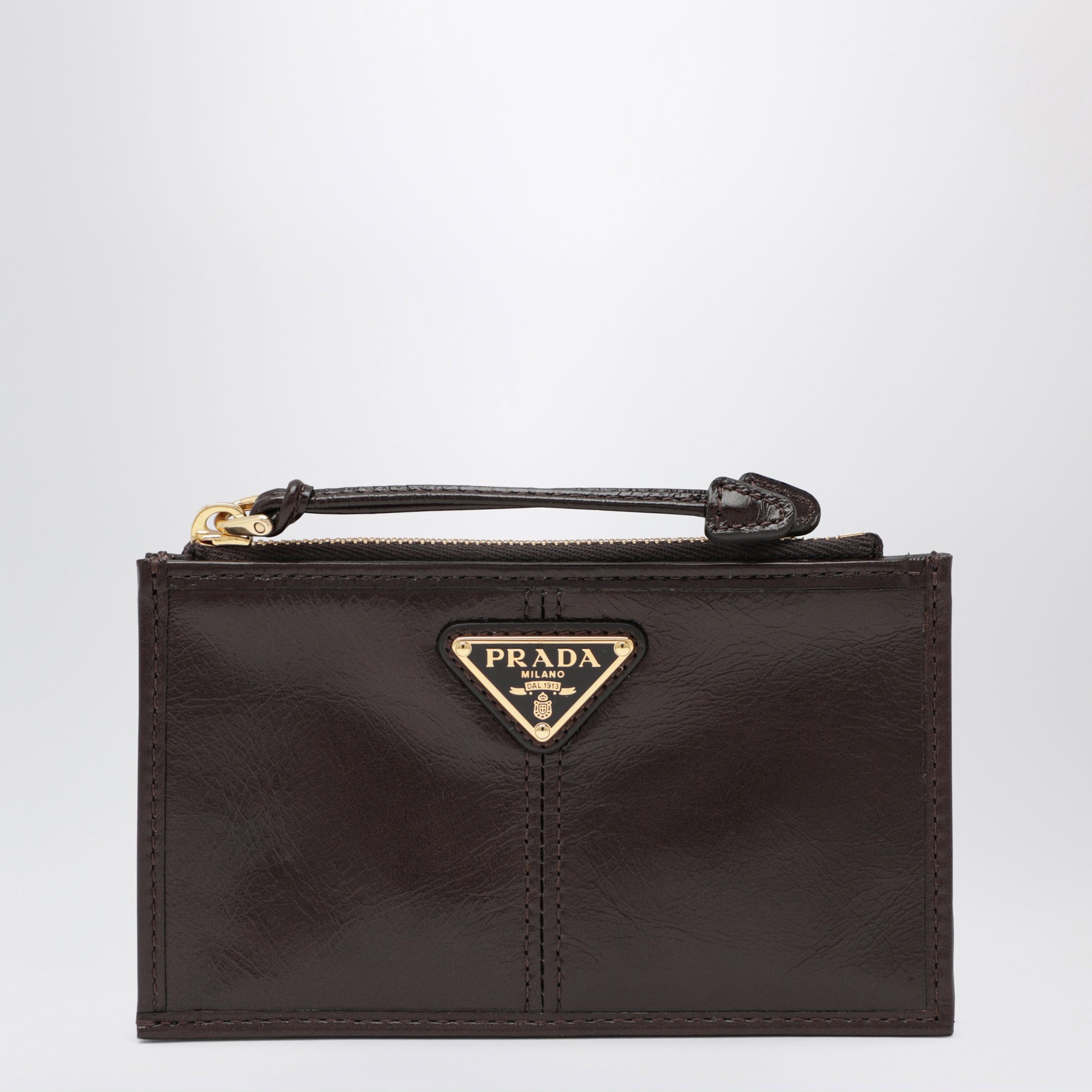 Prada Dark Brown Calf Leather Zip Card Holder | TheDoubleF