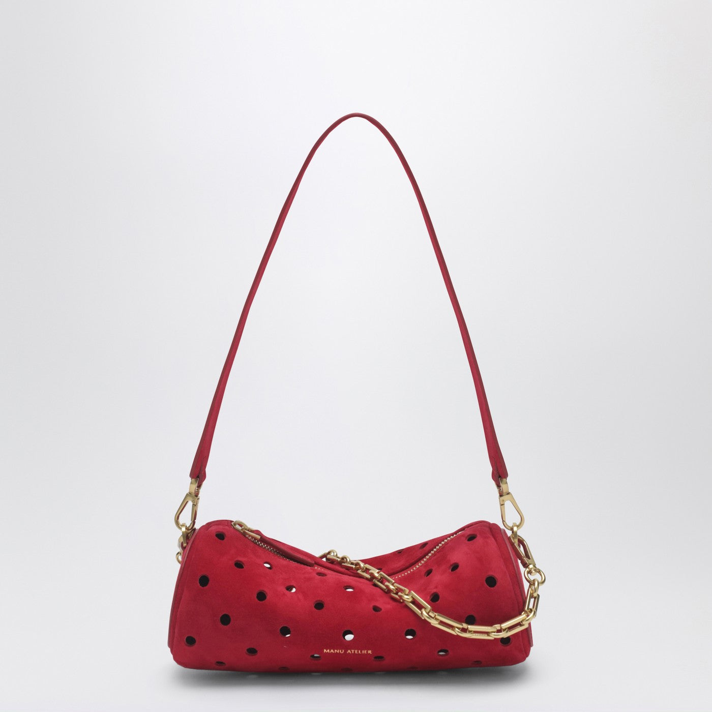Manu Atelier Mini Cylinder bag in perforated red suede | TheDoubleF