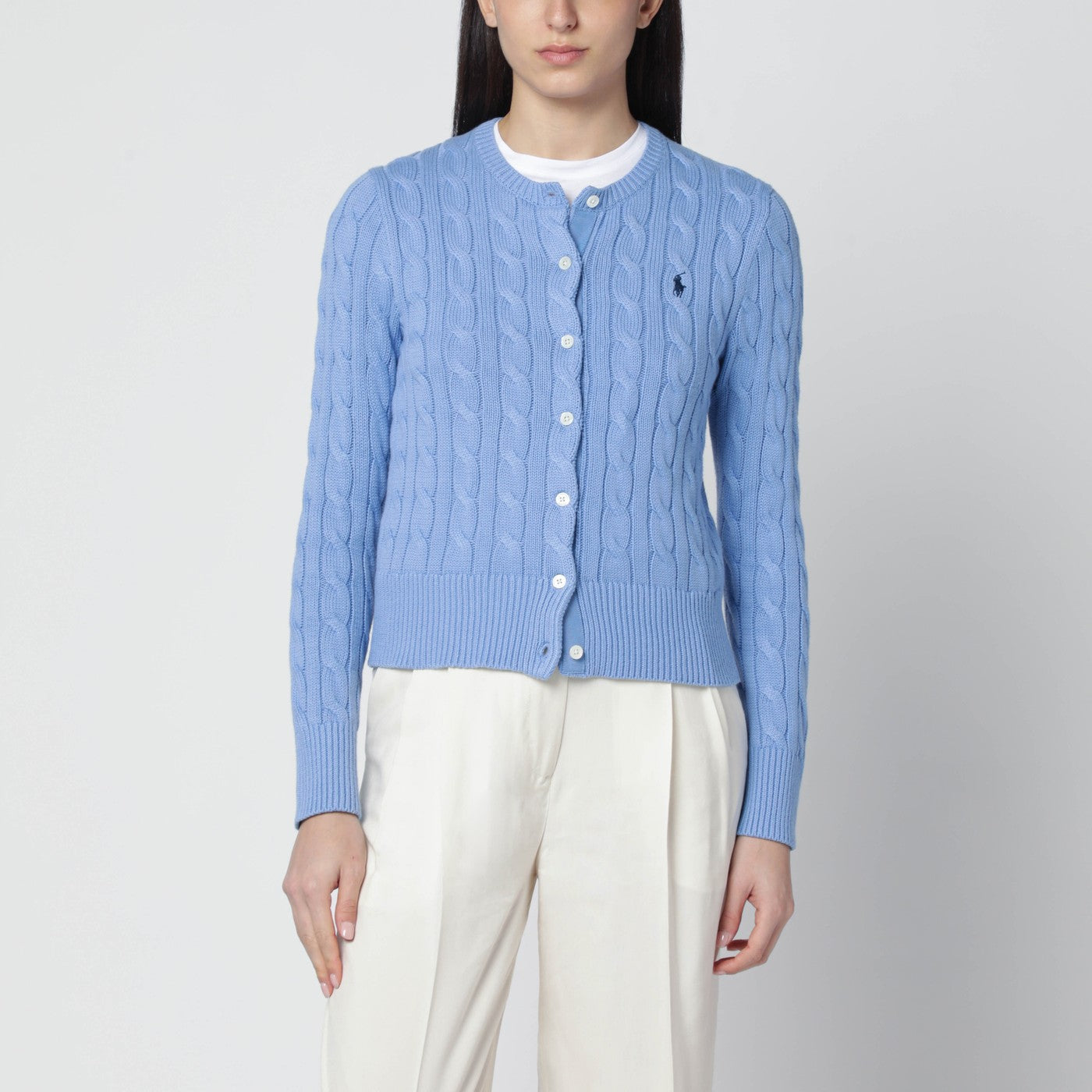POLO RALPH LAUREN Light blue cable-knit cotton cardigan | TheDoubleF