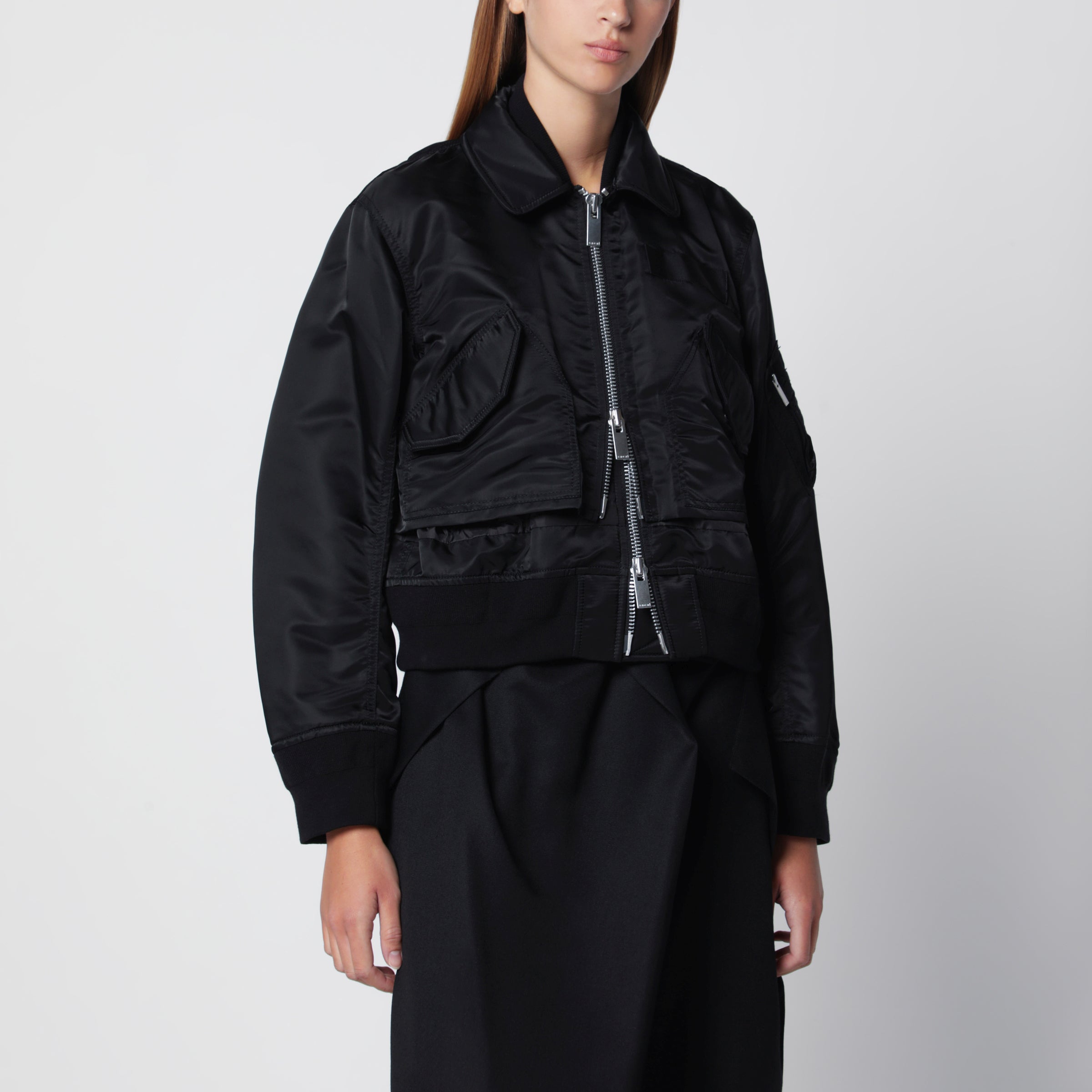 Sacai Black satin-effect nylon zip bomber jacket | TheDoubleF