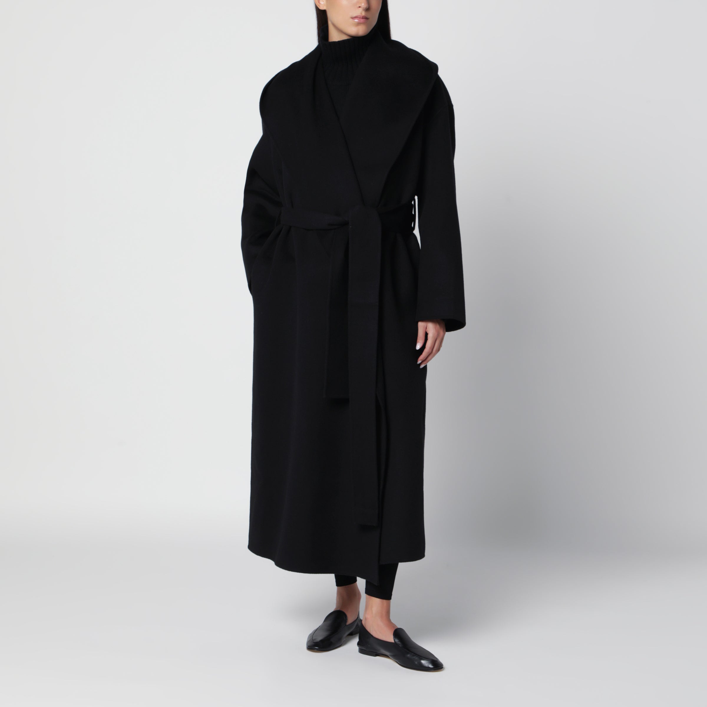 TOTEME Long black wool coat with hood | TheDoubleF