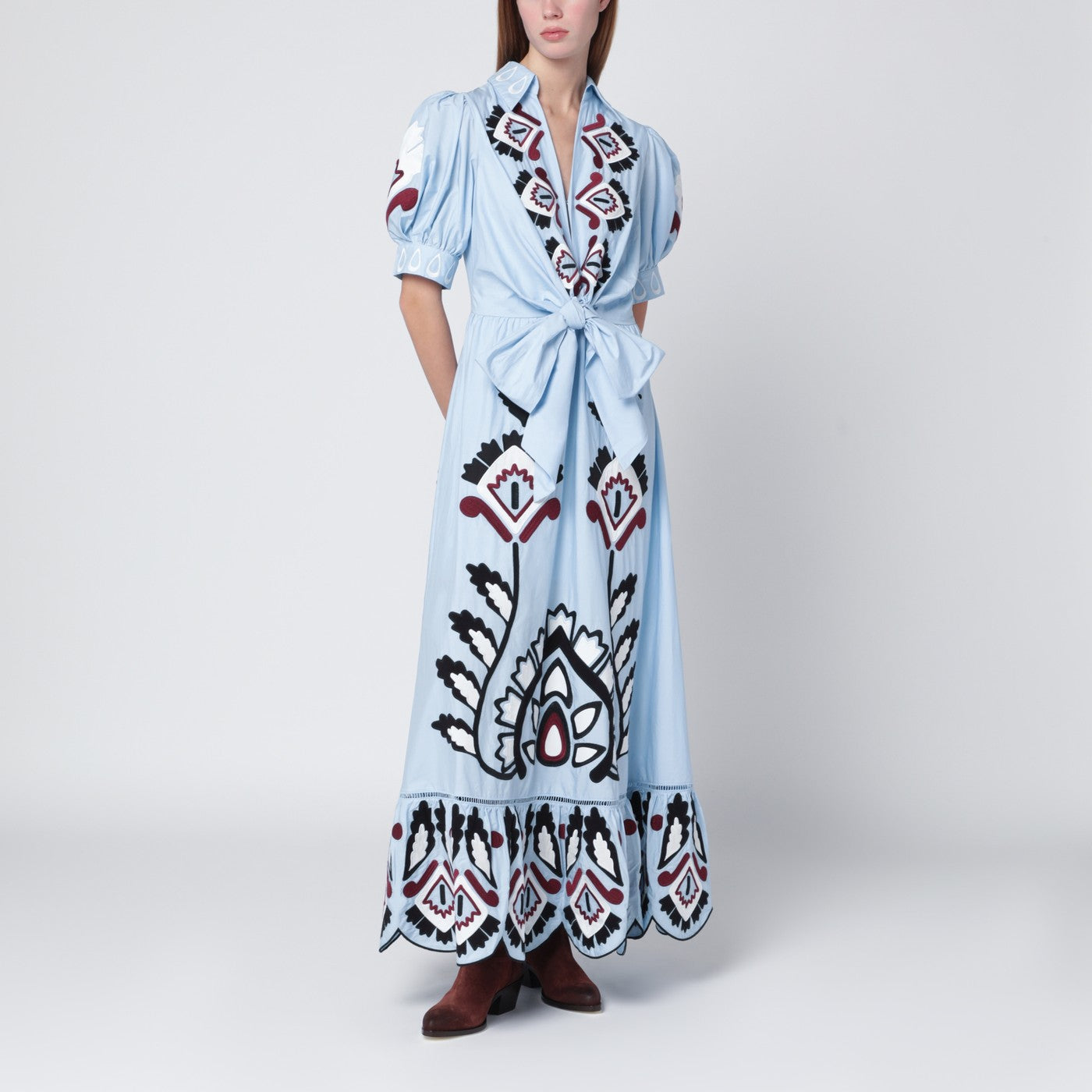 FARM Rio Light blue embroidered long dress with bow | TheDoubleF FARM Rio Light blue embroidered long dress with bow | TheDoubleF