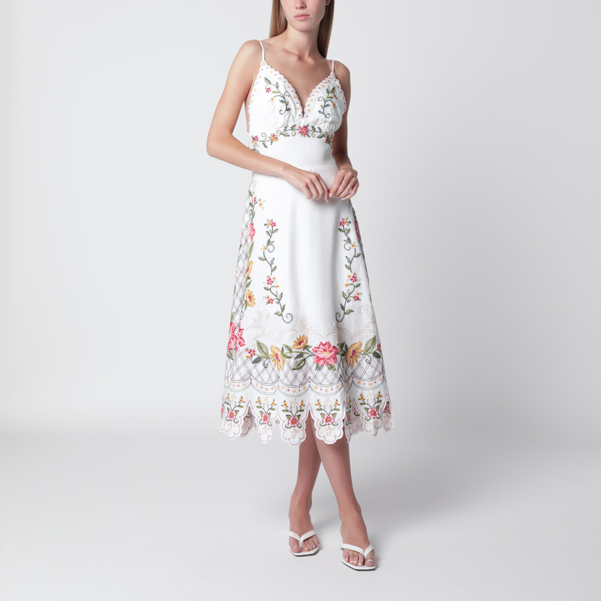 Off-White Flower Embroidery Asymetric Hem Midi Dress