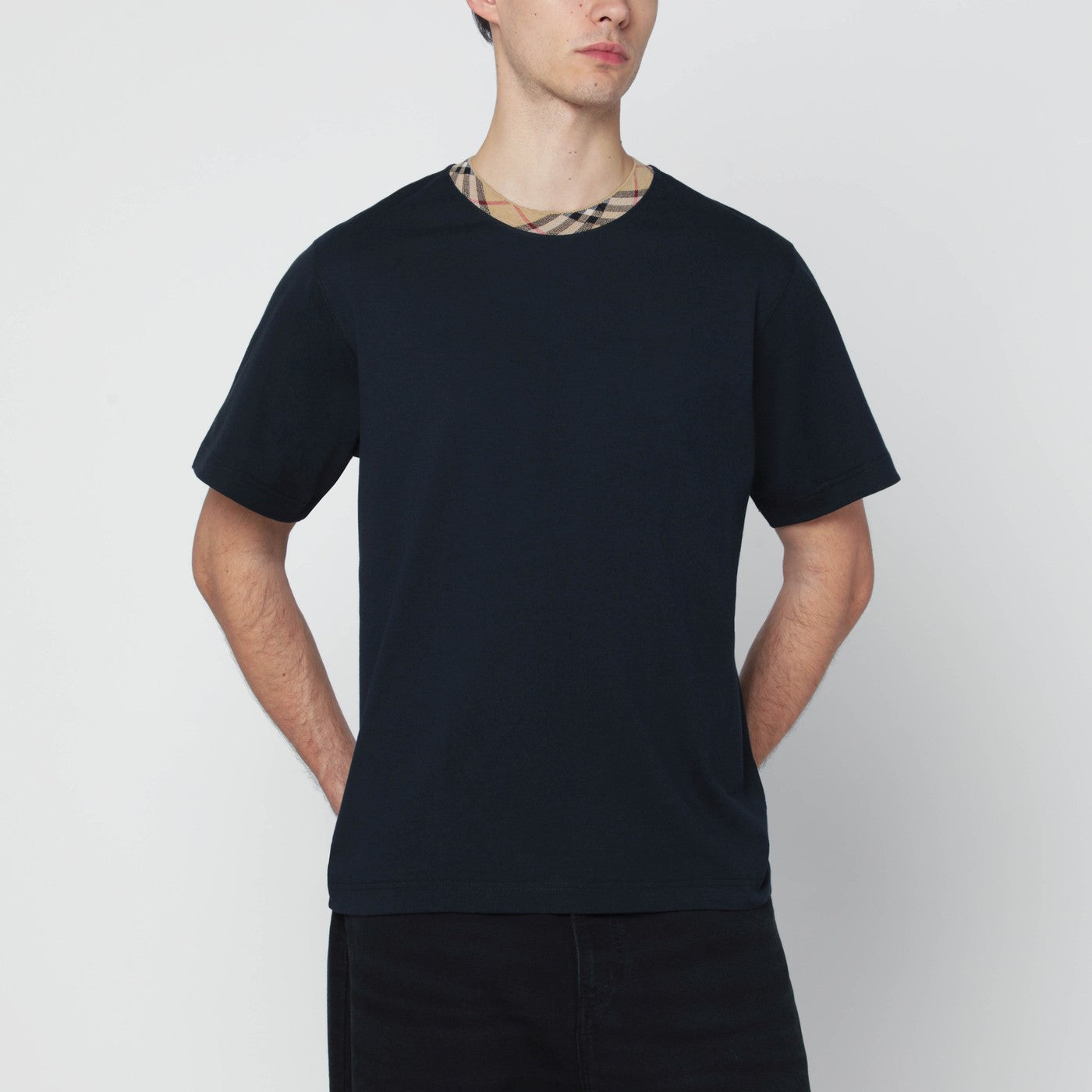 Burberry Navy T-shirt with Check trims | TheDoubleF