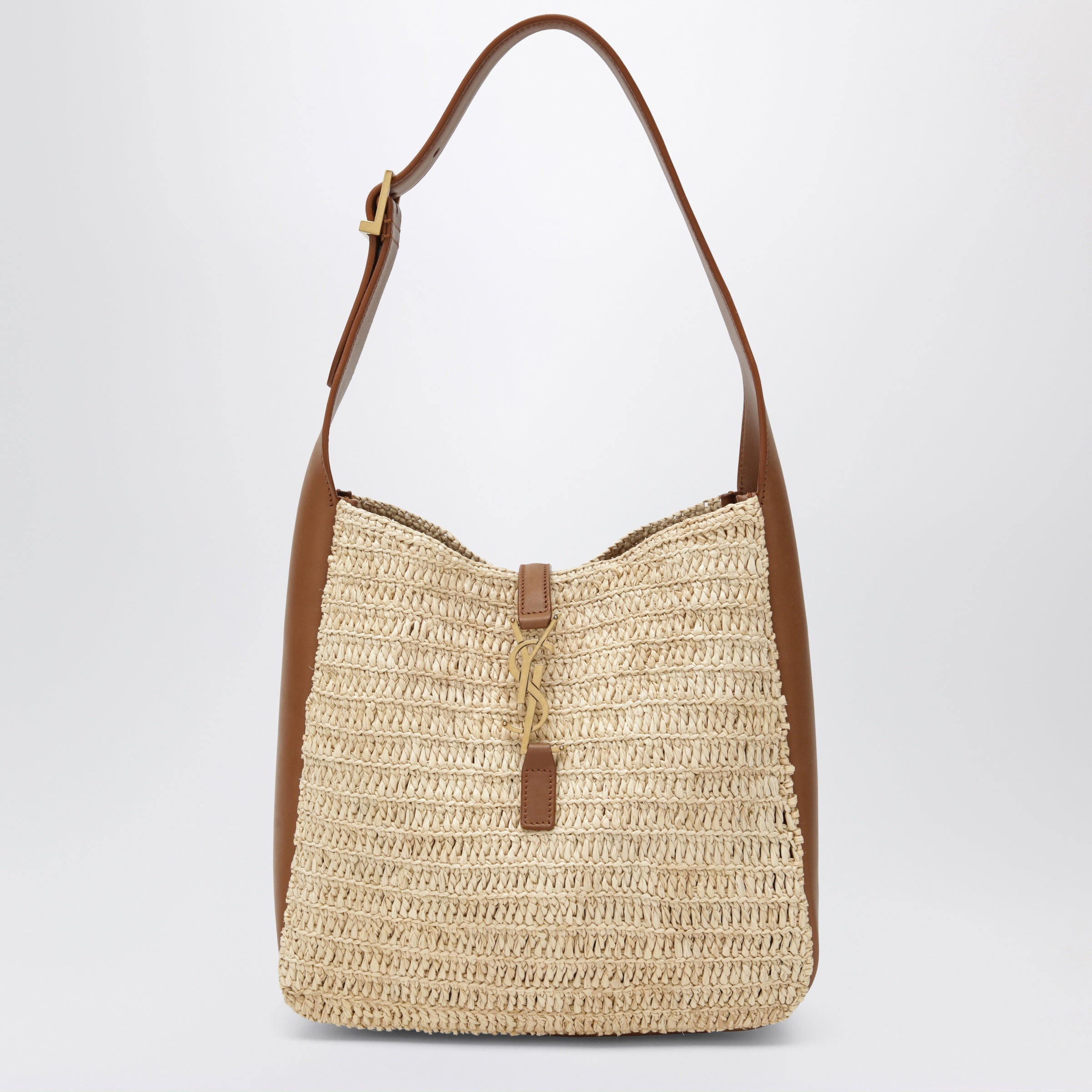 Saint Laurent Le 5 À 7 small raffia and leather bag, pale brown