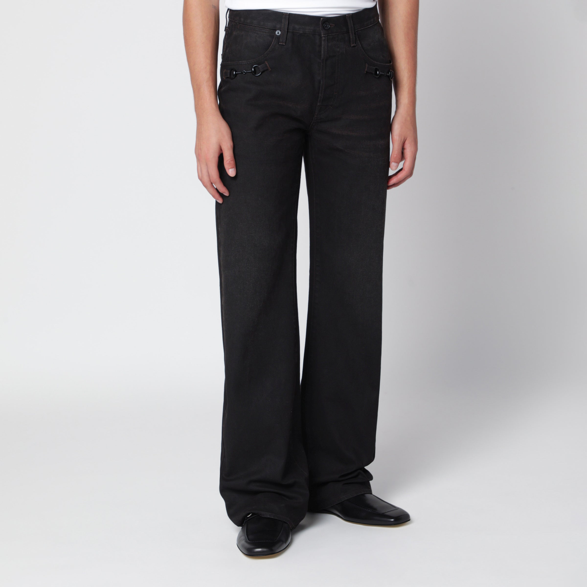 GUCCI Brown Horsebit flare jeans in denim | TheDoubleF