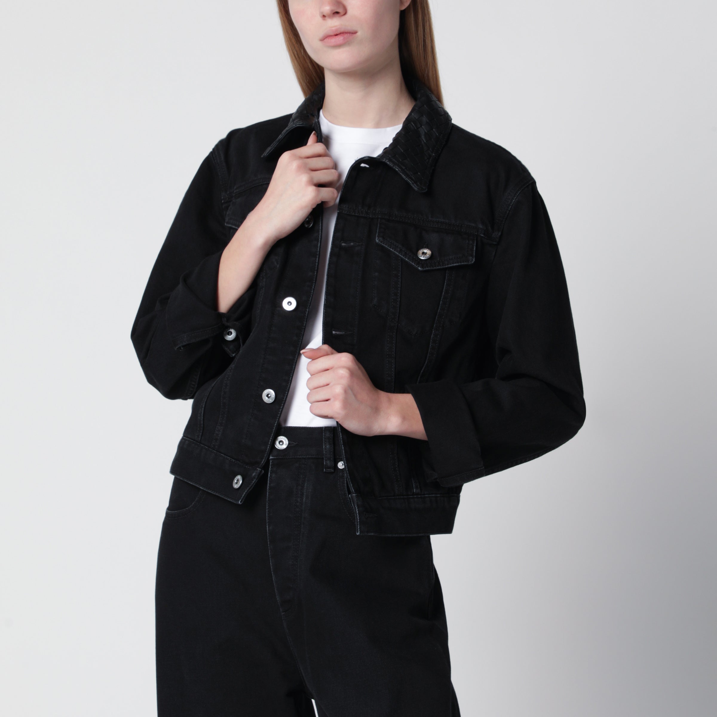 Bottega Veneta Denim jacket with Intrecciato collar | TheDoubleF