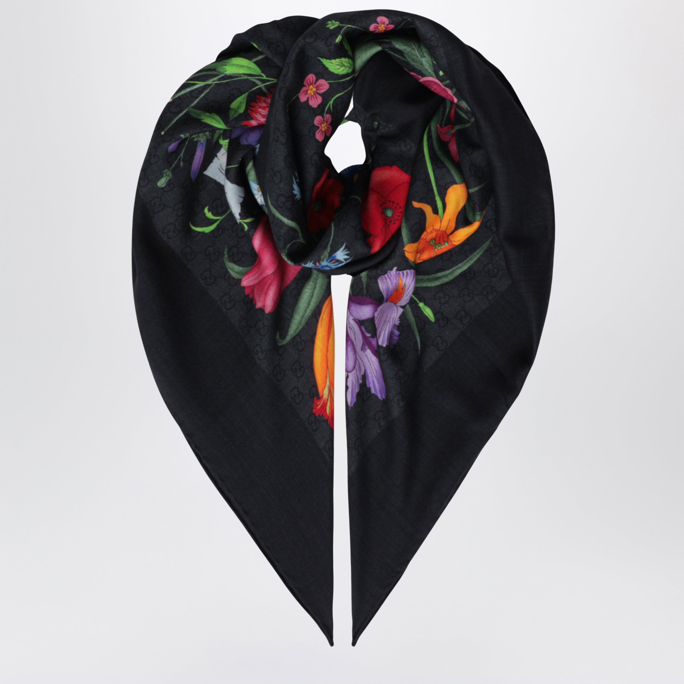 GUCCI Wool and silk scarf with floral print | TheDoubleF