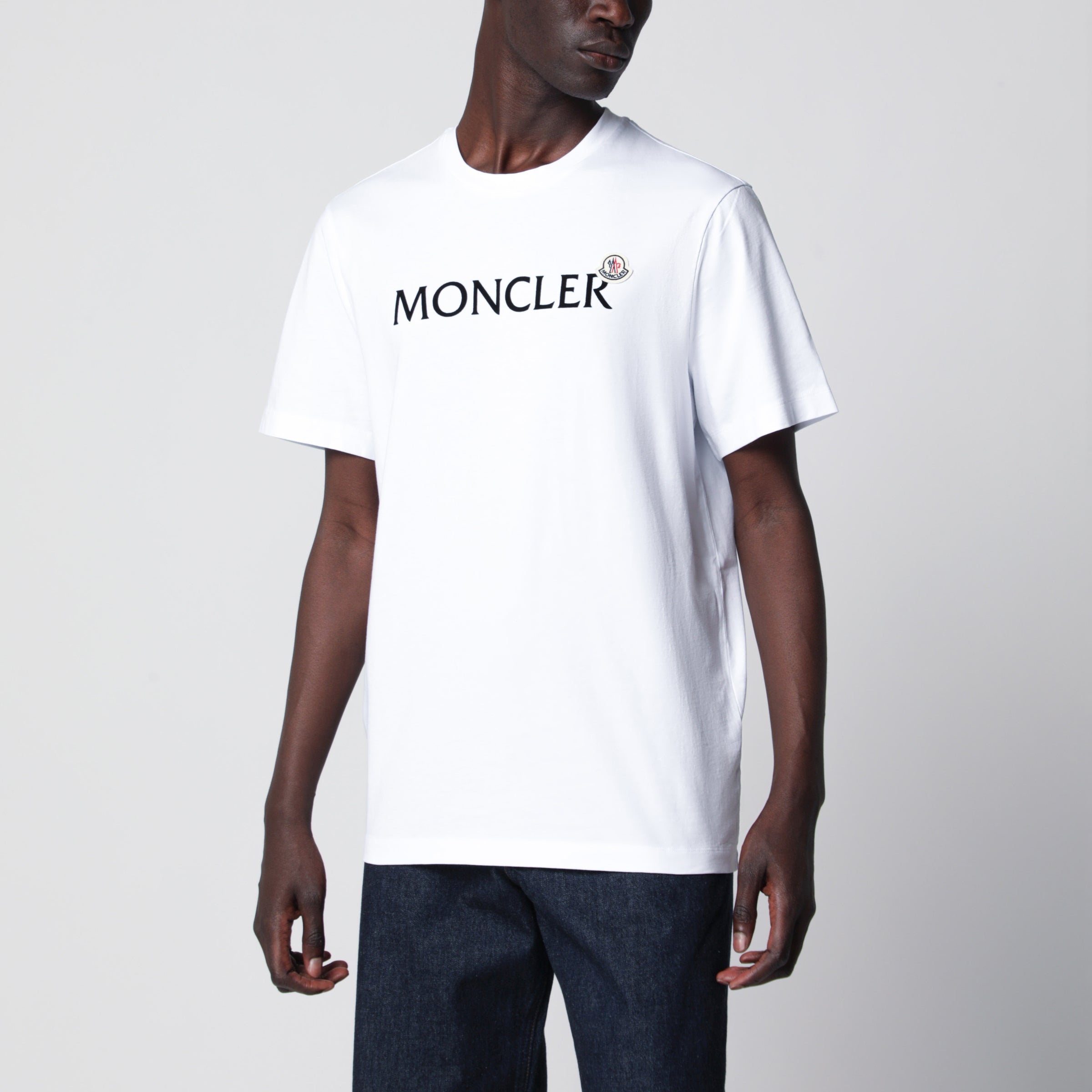 Moncler White cotton jersey T-shirt with logo print | TheDoubleF
