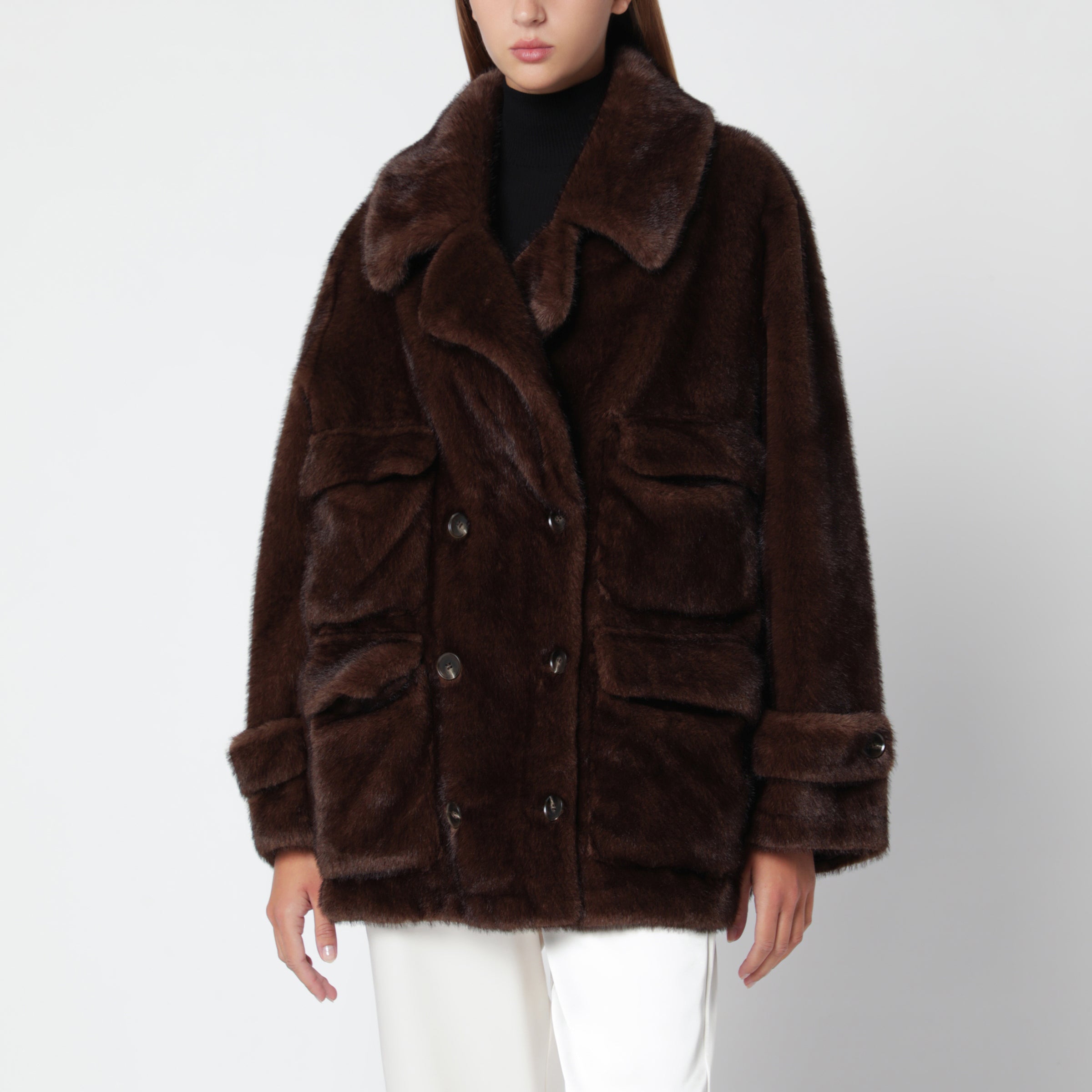 Sword 6644 Dark brown double-breasted faux fur coat | TheDoubleF