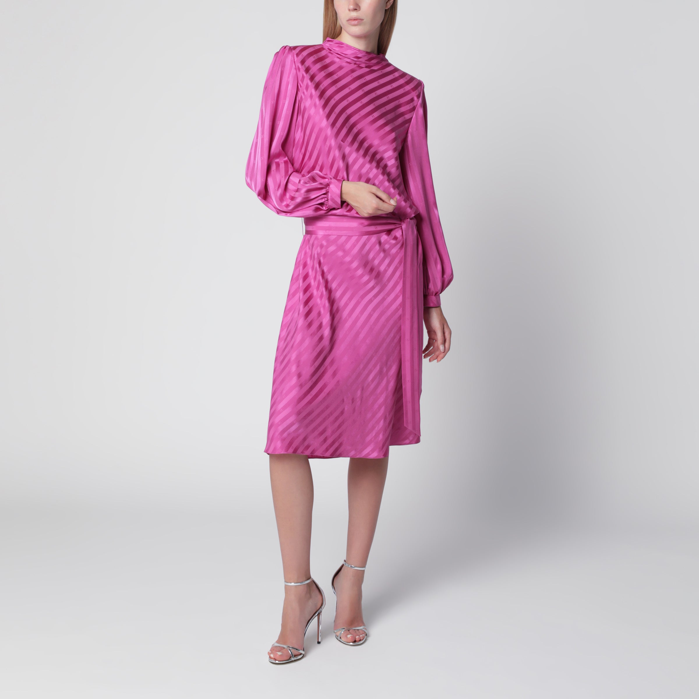 Valentino Midi Dress In Shiny-matte Jacquard With Logo-stripe Woman Fuchsia 40