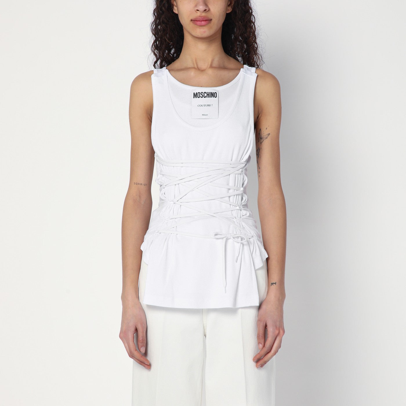 Moschino White tank top in cotton with laces | TheDoubleF