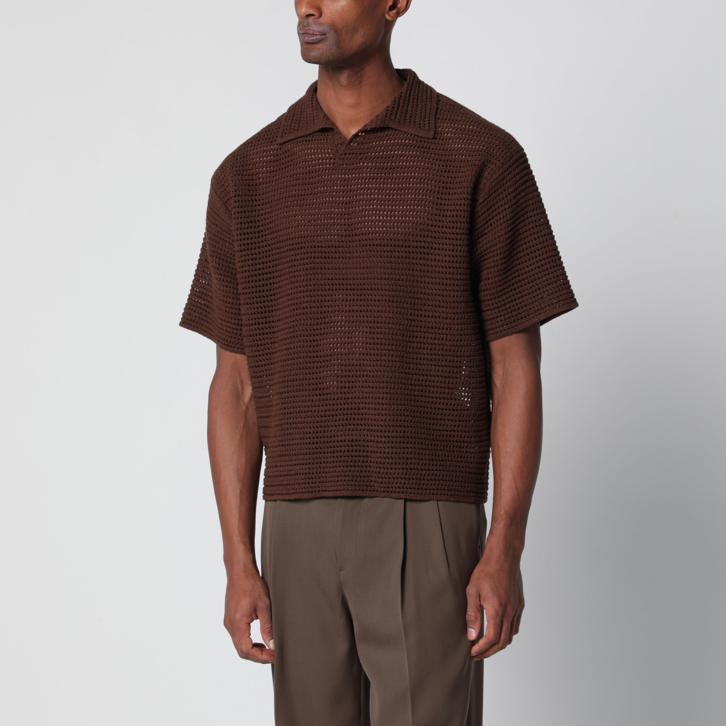 Auralee Brown mesh knit polo | TheDoubleF