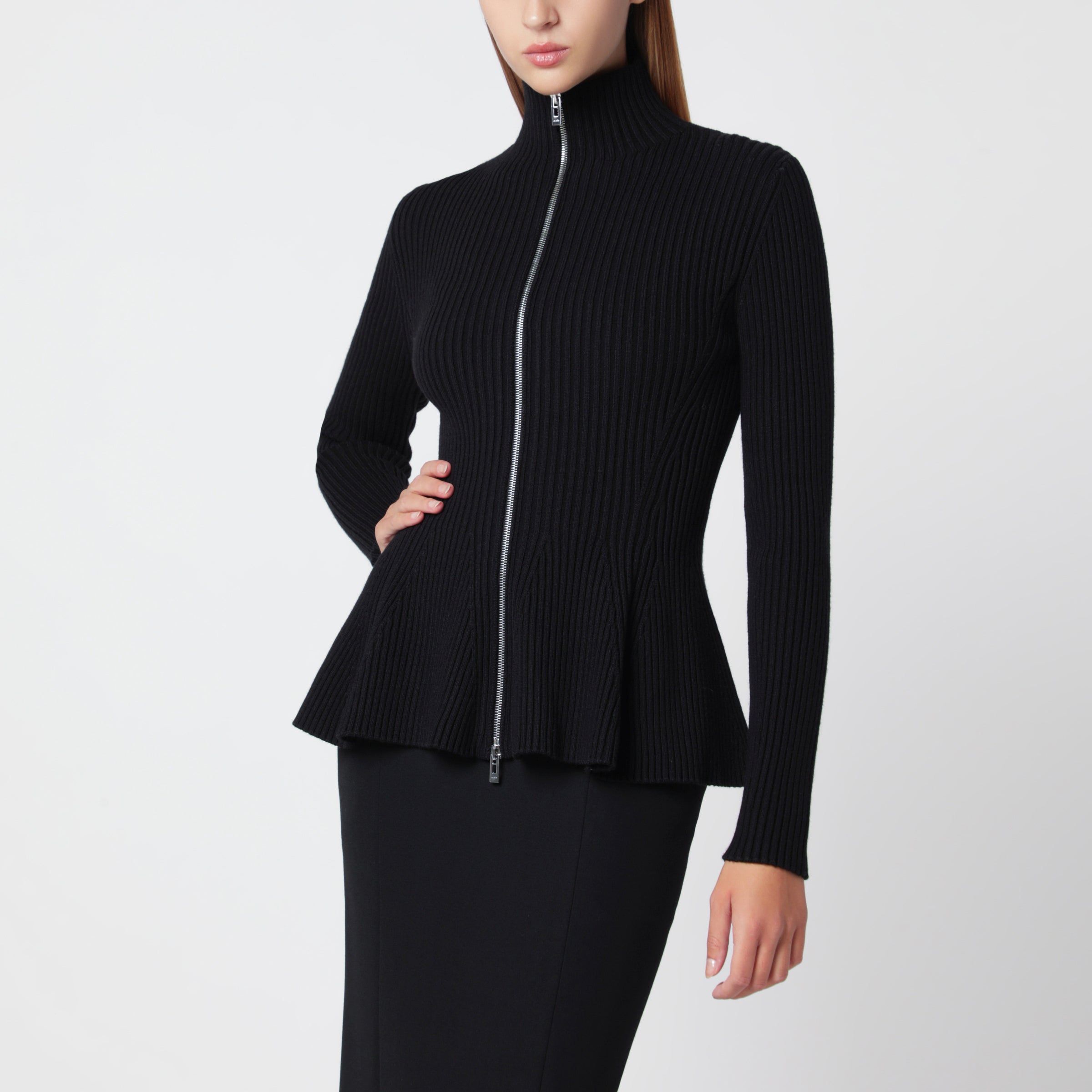 Alaïa Black zip-up cardigan in wool blend | TheDoubleF