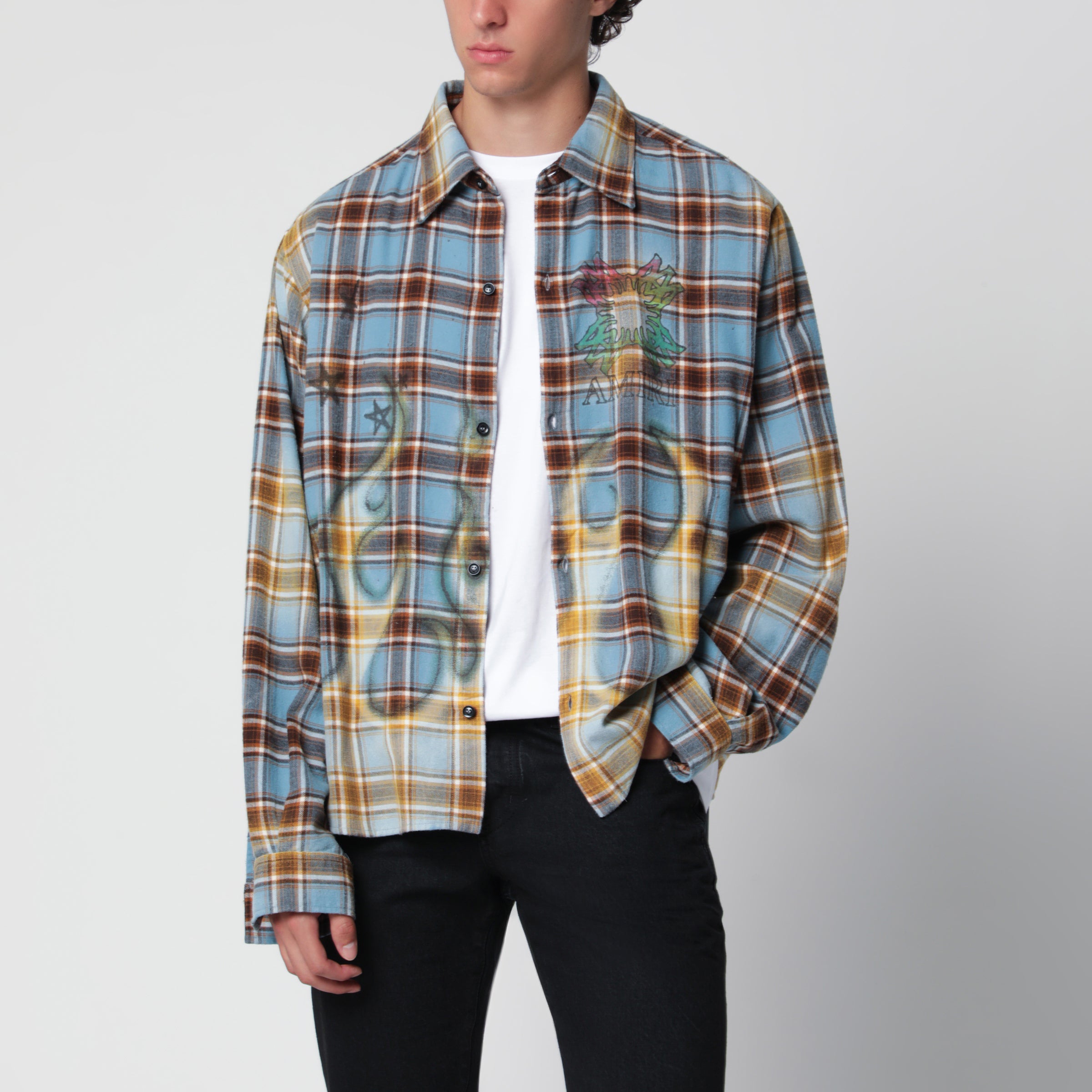 AMIRI MA Quad Bleached Blue Cotton Flannel Shirt | TheDoubleF