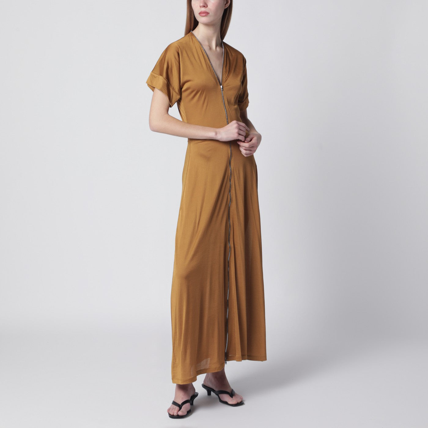 LEMAIRE Cinnamon-brown zip-up dress in cotton-viscose jersey