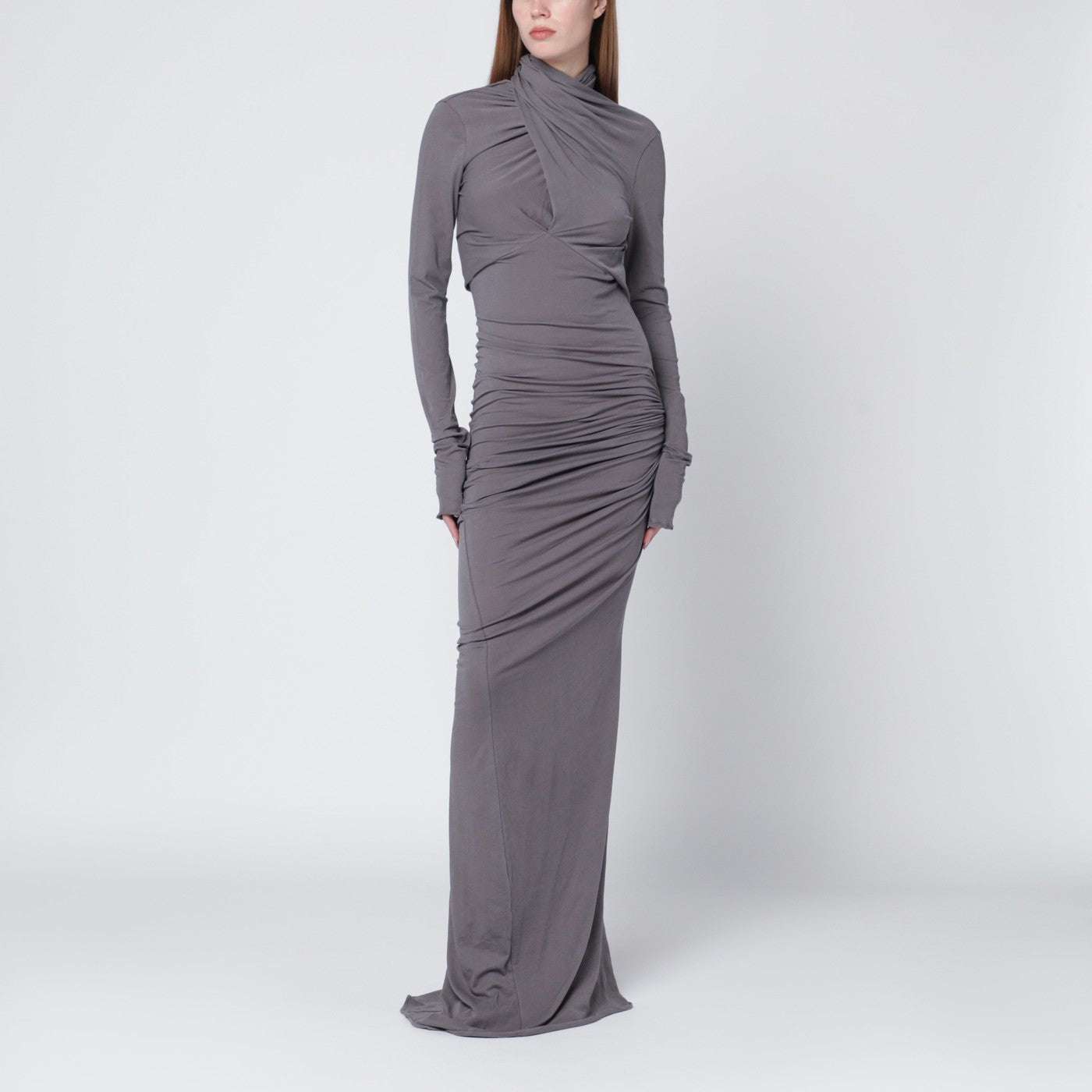 grey draped dress Entire Studios Long Side gathered detailing Hemline COLOR:Bkwhite NYFWSS26 Soft and gentle silk