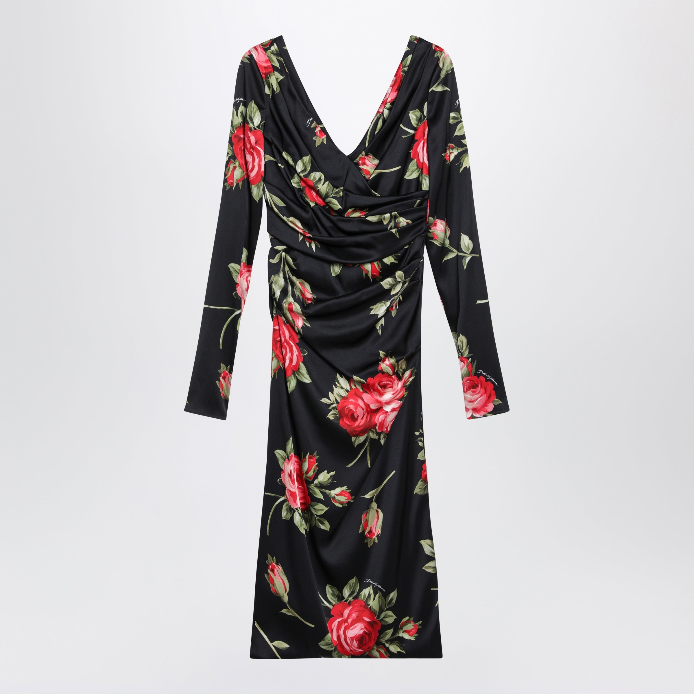 DOLCE E GABBANA Draped satin dress with Bouquet rose print in black