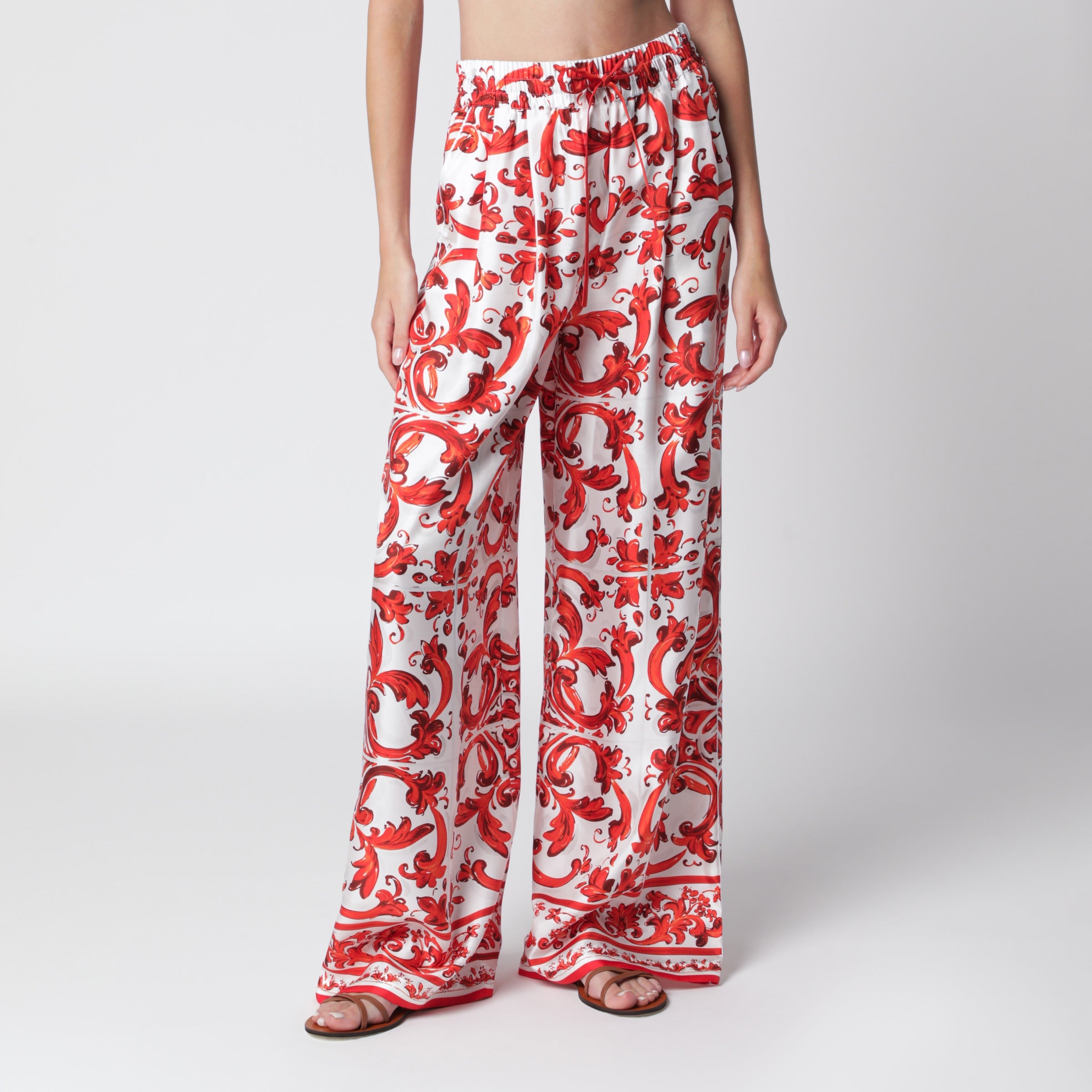 Dolce&Gabbana Wide-leg maiolica-print silk pants in orange