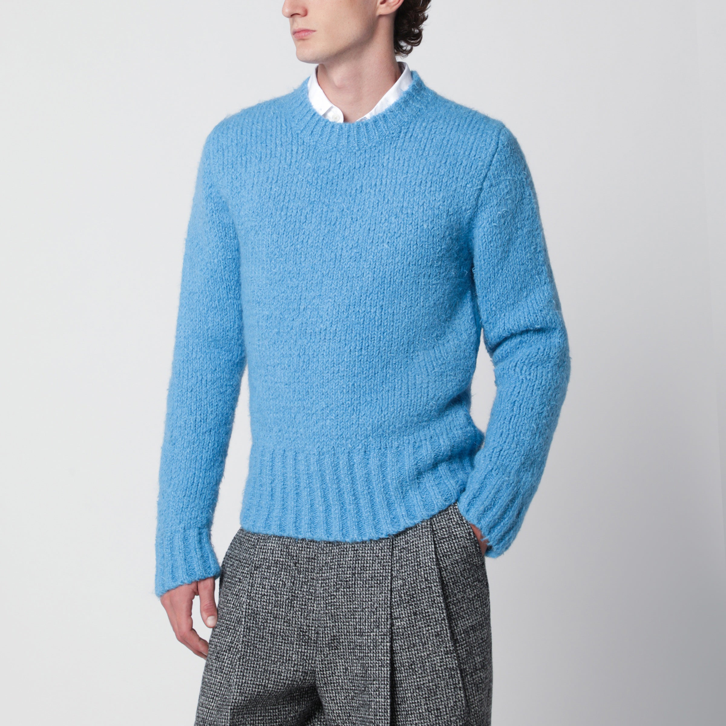 Dolce&Gabbana Turquoise crew neck sweater with bouclé effect