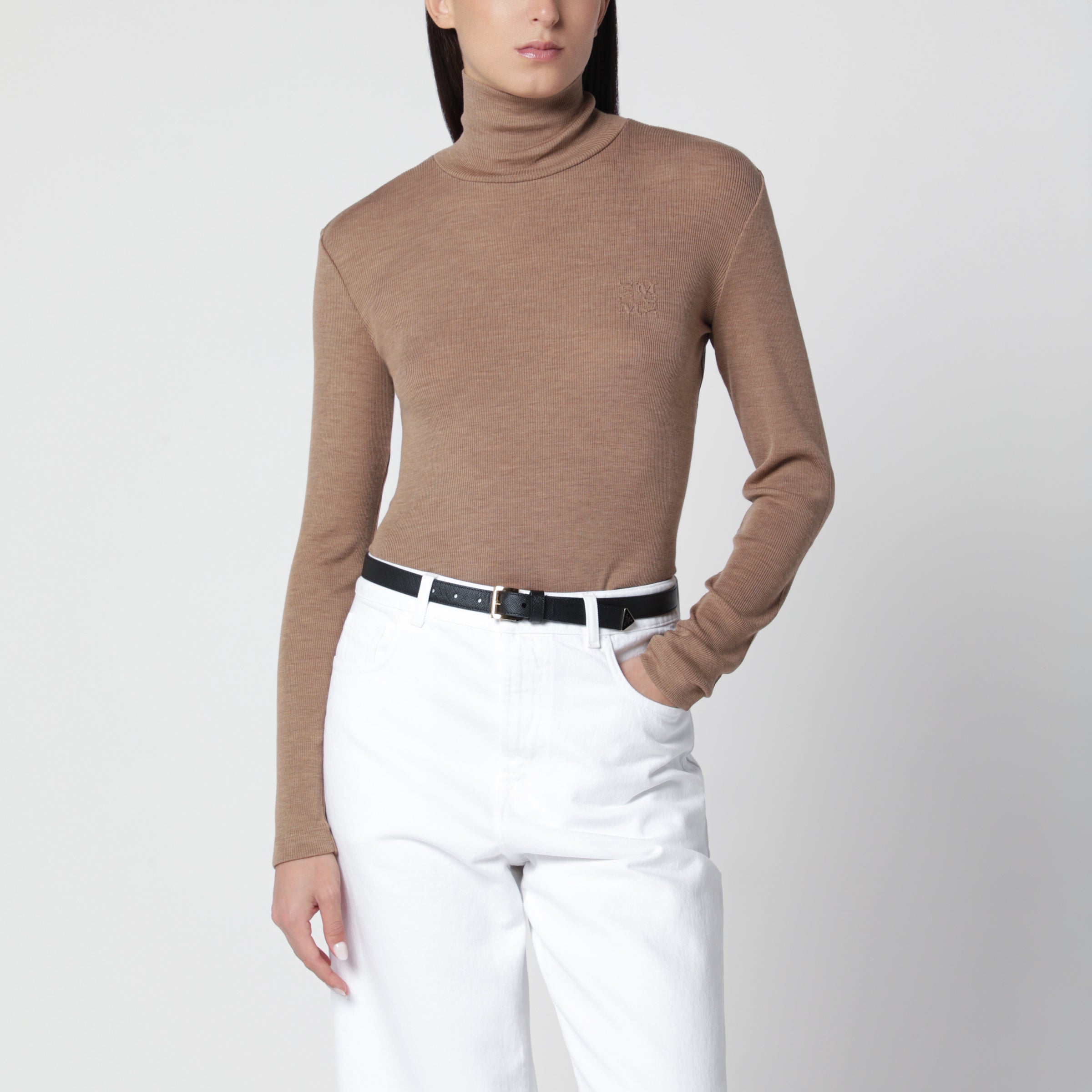 Max Mara Camel mélange turtleneck sweater in virgin wool | TheDoubleF