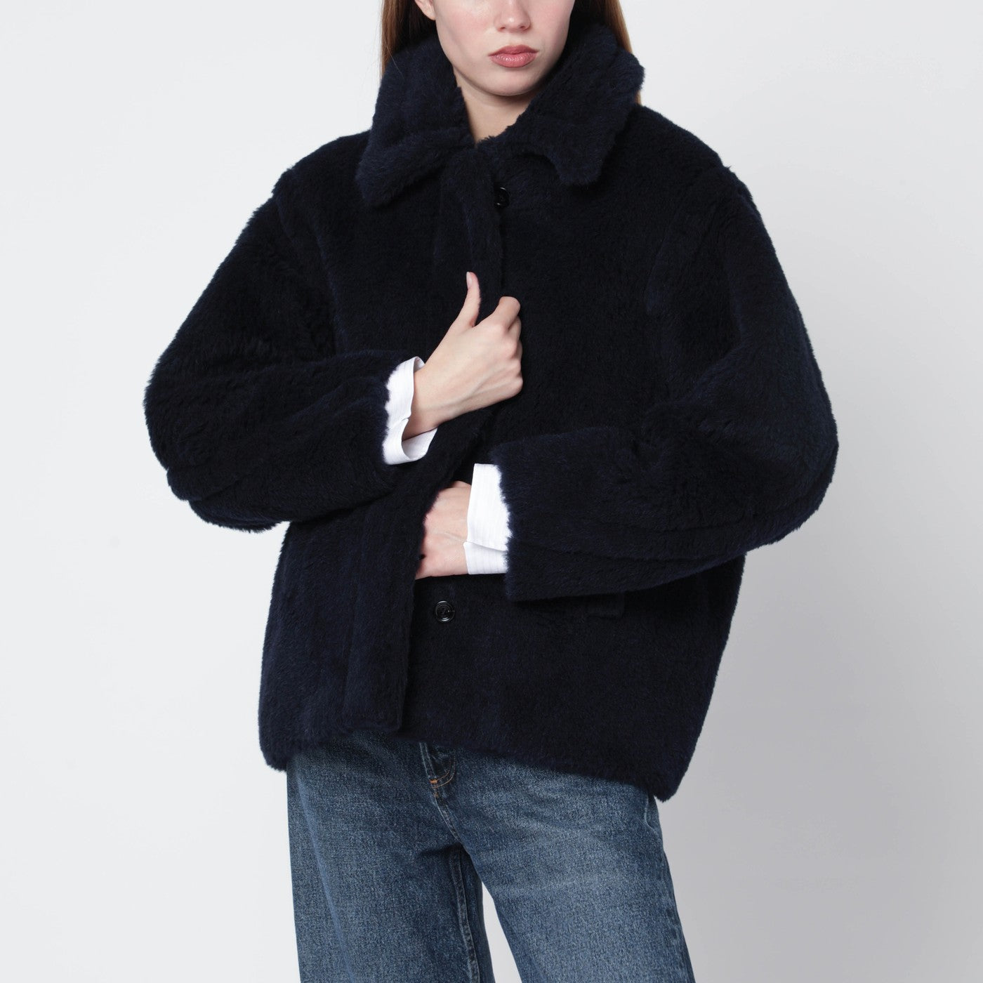 Max Mara Navy faux-fur coat | TheDoubleF