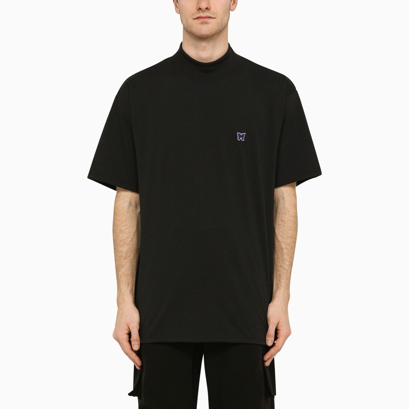 Needles Black stand-up collar t-shirt with embroidery | TheDoubleF
