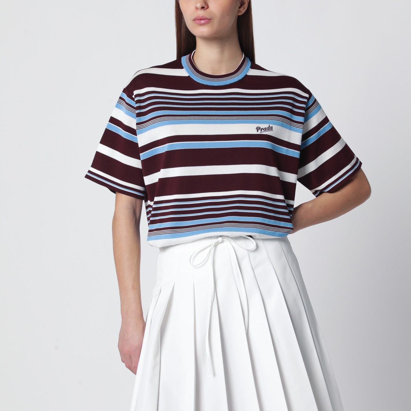 Prada Amaranth and light blue striped cotton T-shirt | TheDoubleF
