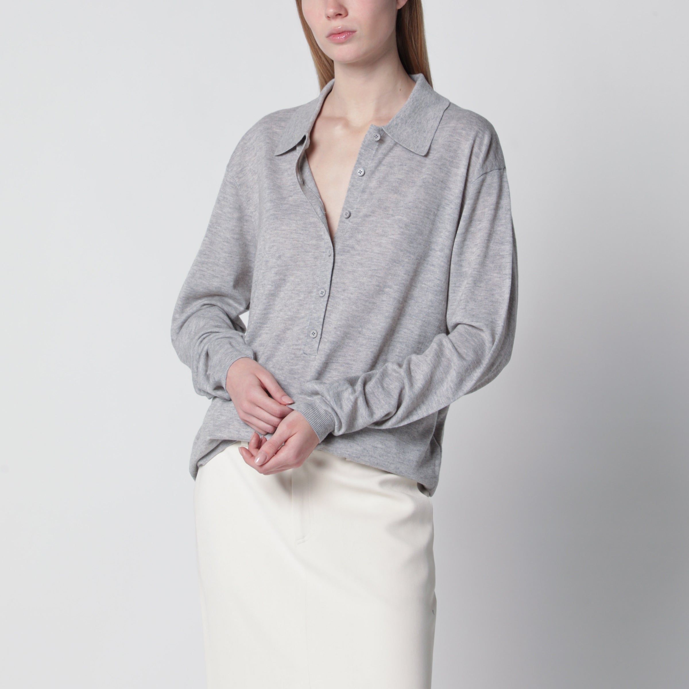The Frankie Shop Tala V-neck knit polo in grey wool blend | TheDoubleF