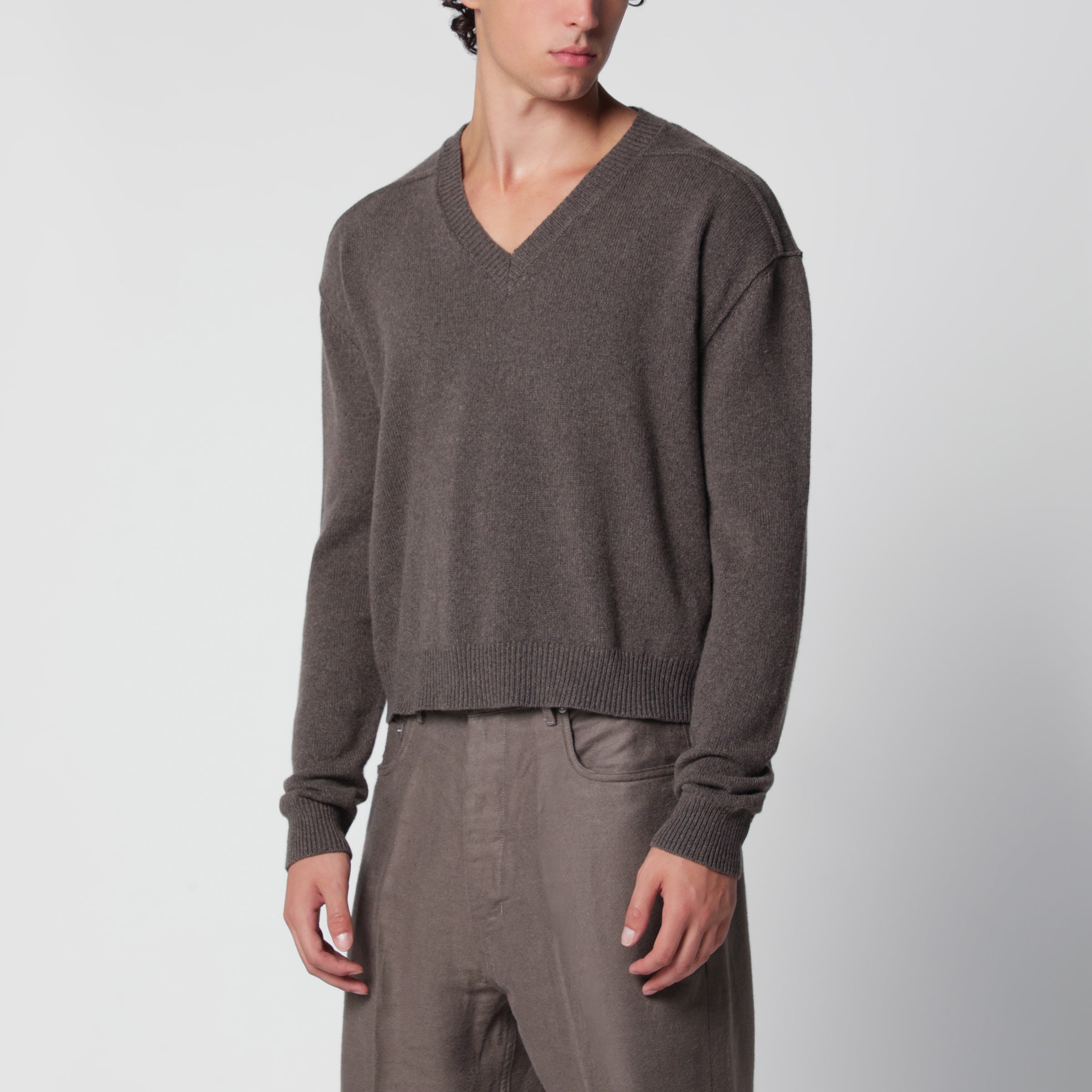Rick Owens Taupe V-neck sweater in cashmere and wool | TheDoubleF