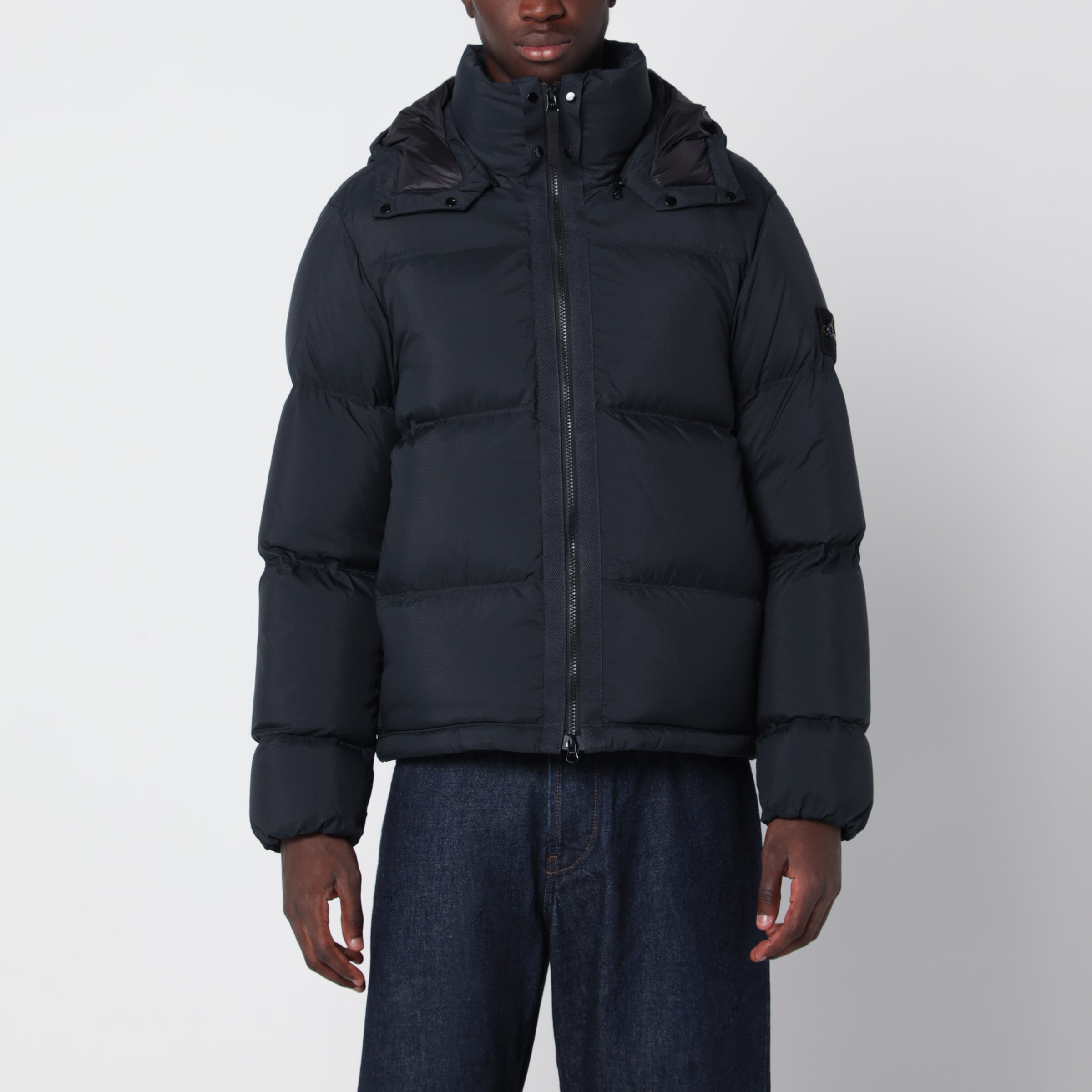 Stone Island Navy blue zip-up down jacket in ripstop nylon