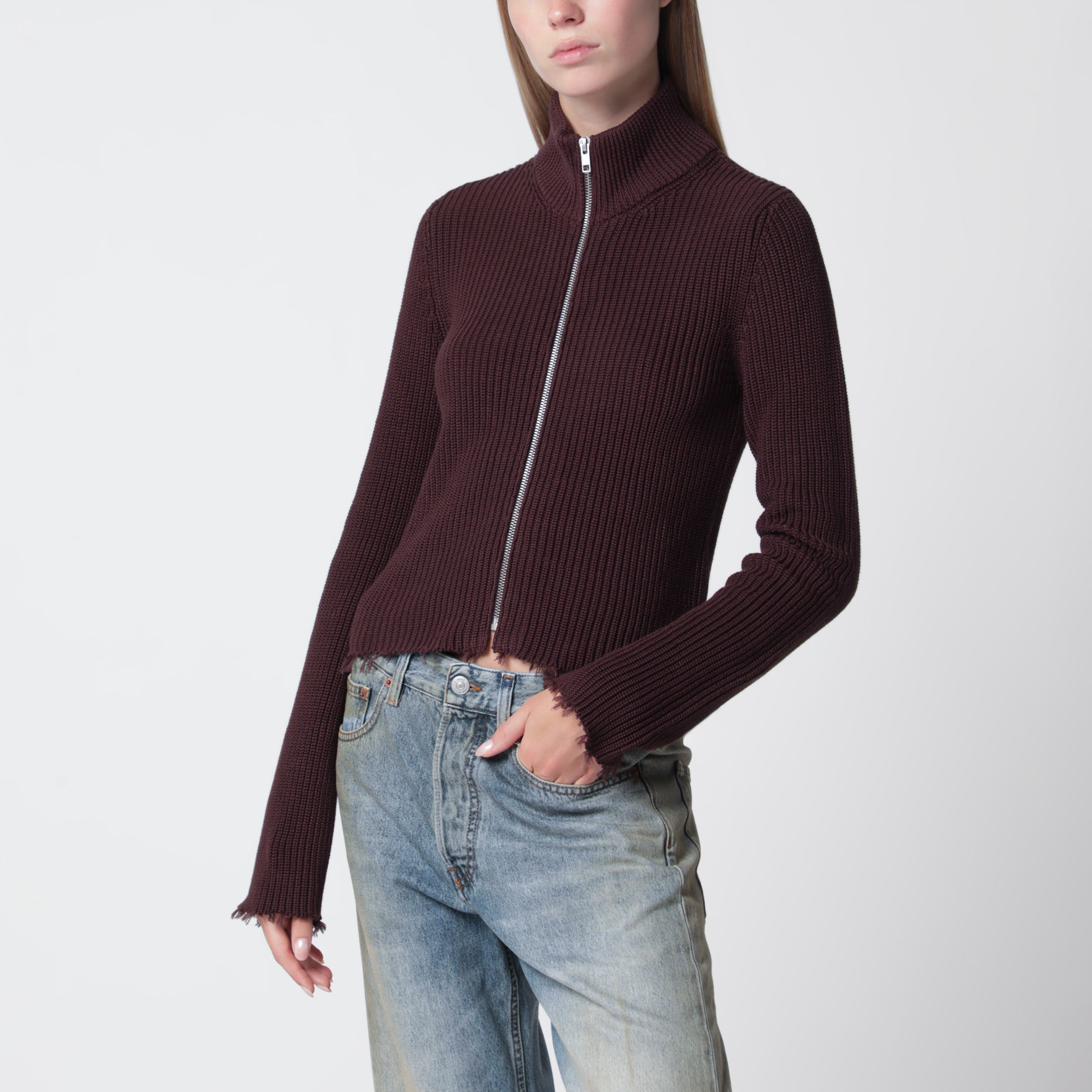 MM6 Maison Margiela Chocolate rib-knit zip cardigan | TheDoubleF