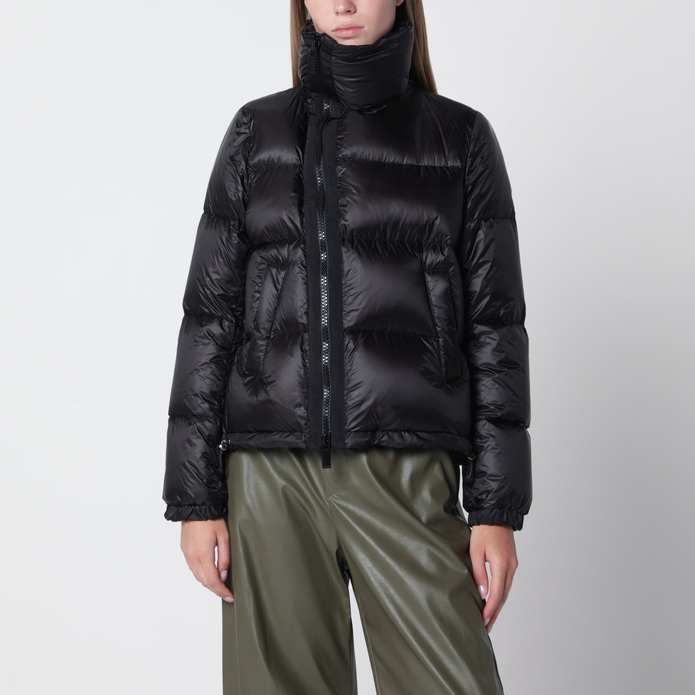 Sacai Black down jacket with asymmetrical zip | TheDoubleF