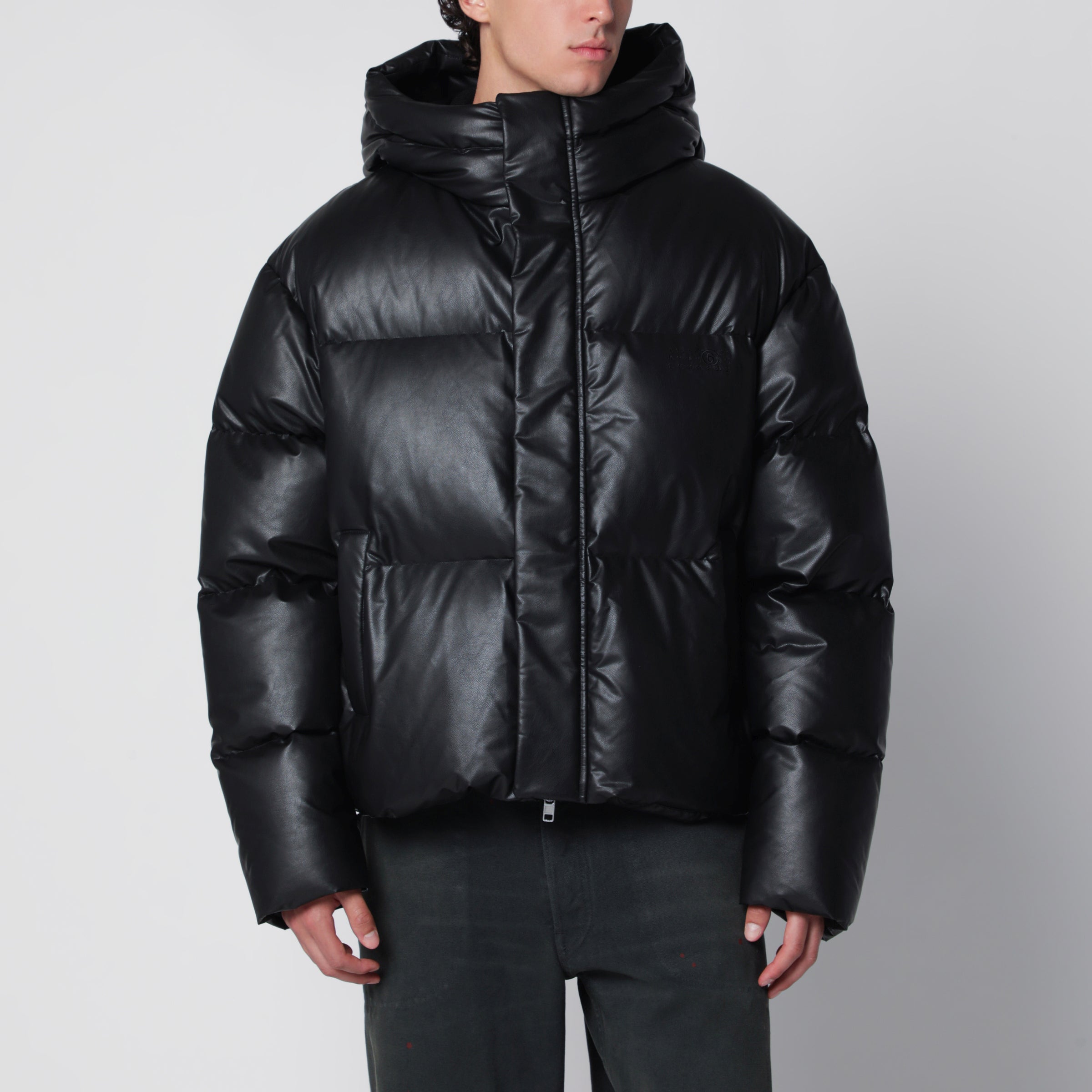 MM6 Maison Margiela Hooded down jacket in glossy leather black