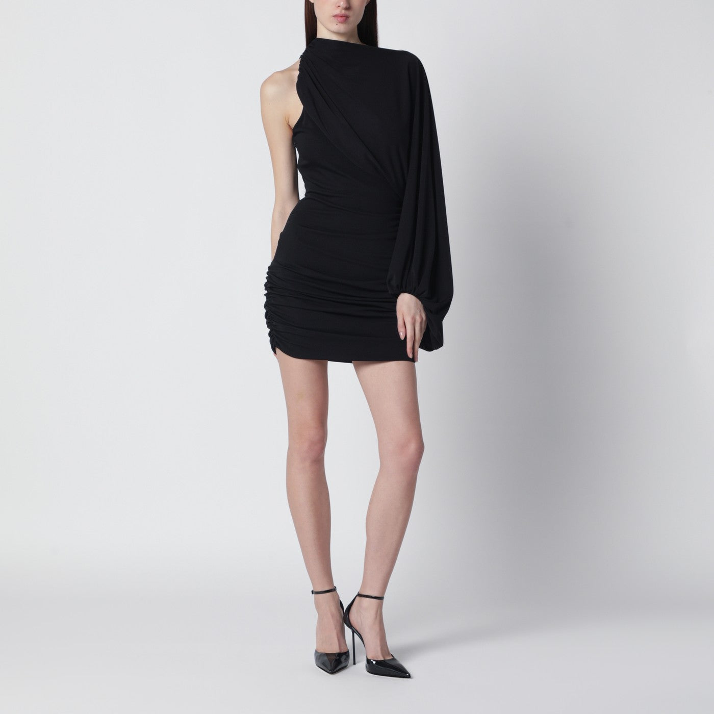 The Andamane Black one-shoulder mini dress