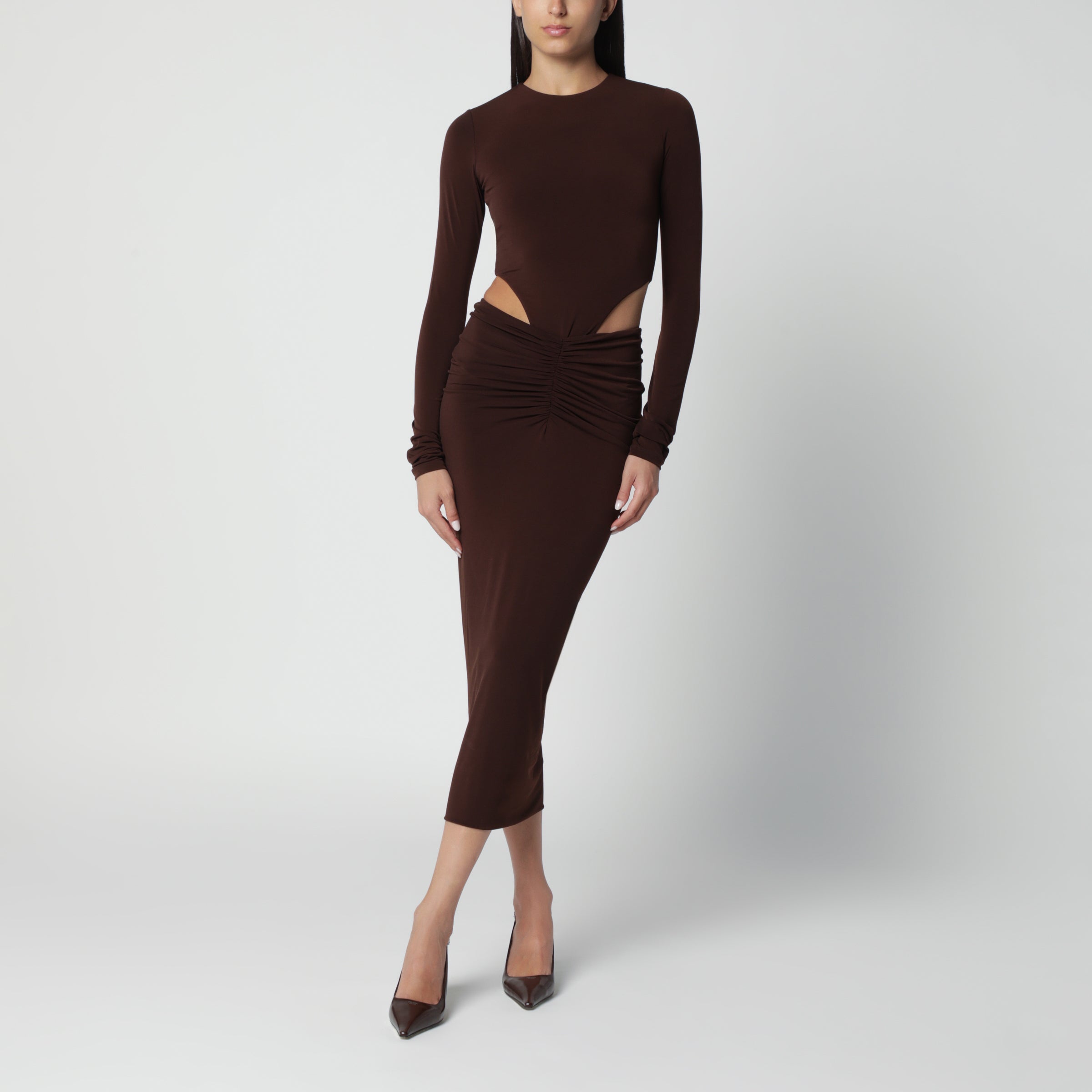 The Andamane Brown midi dress with waist cut-out detail