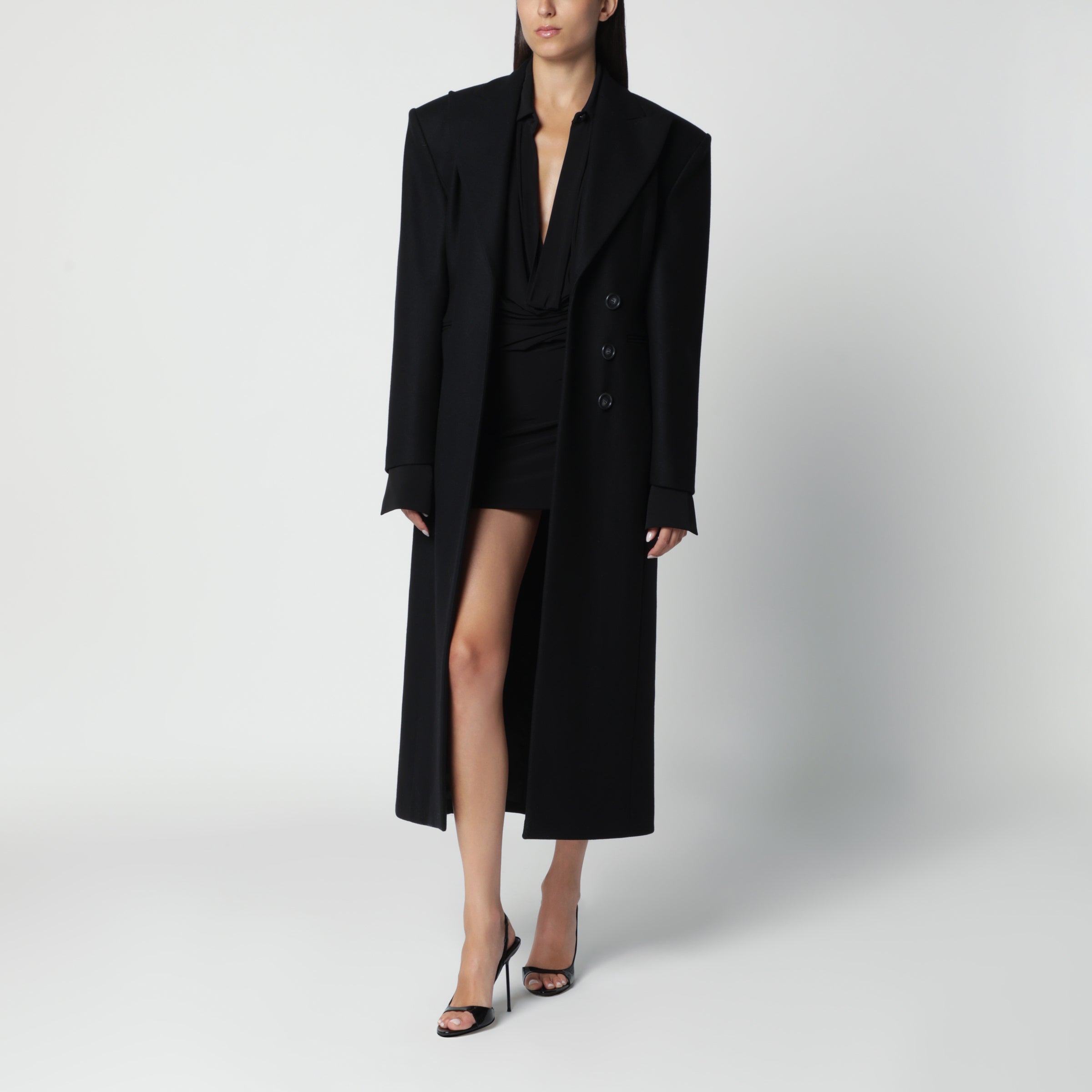 The Andamane Black single-breasted coat with structured shoulders