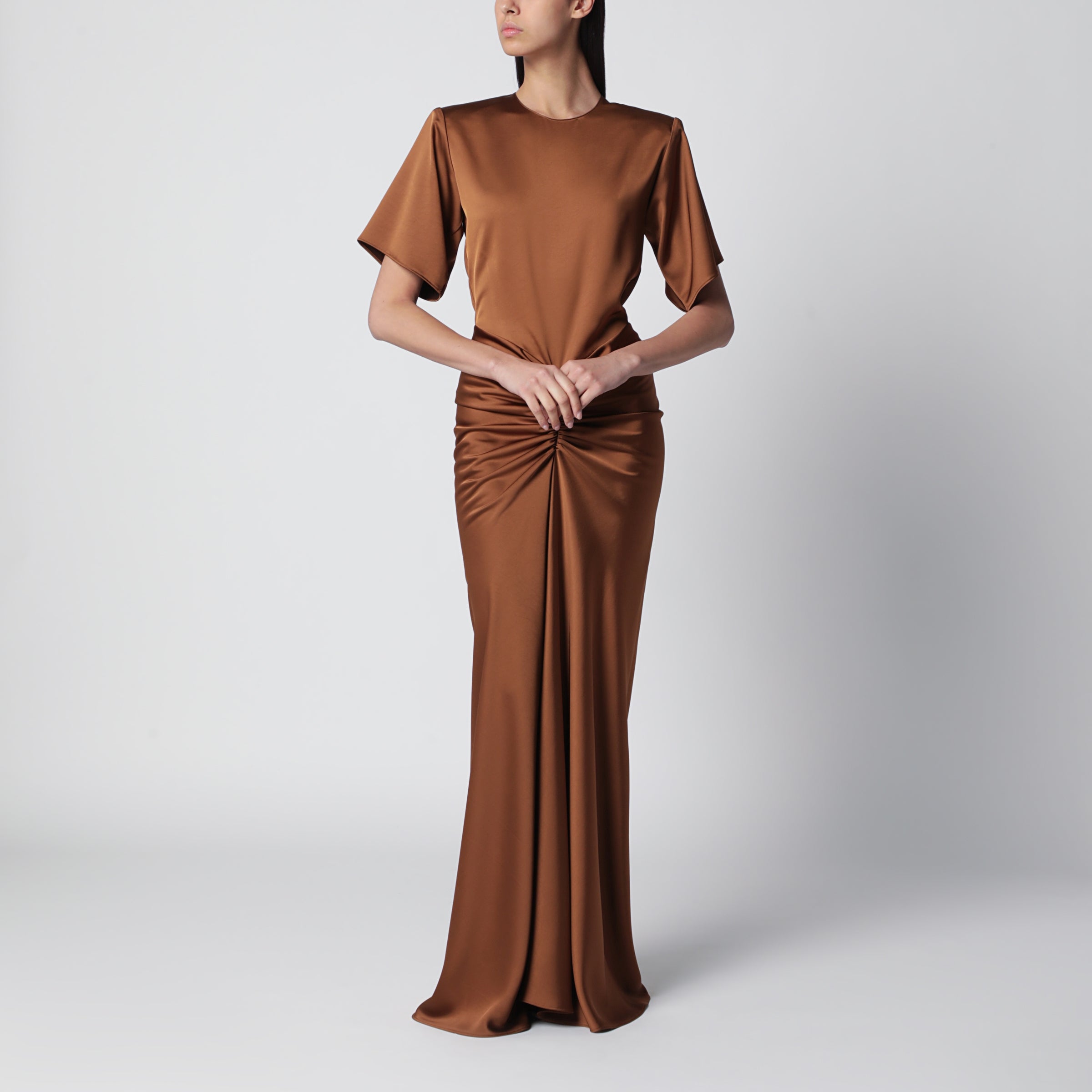 The Andamane Long Iris dress in bronze with gathered waist