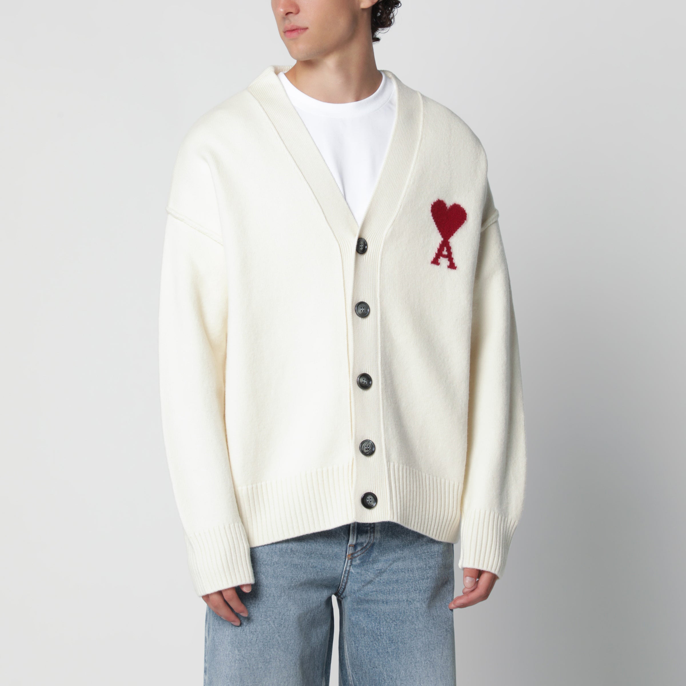Ami Paris Ami De Coeur white wool cardigan | TheDoubleF