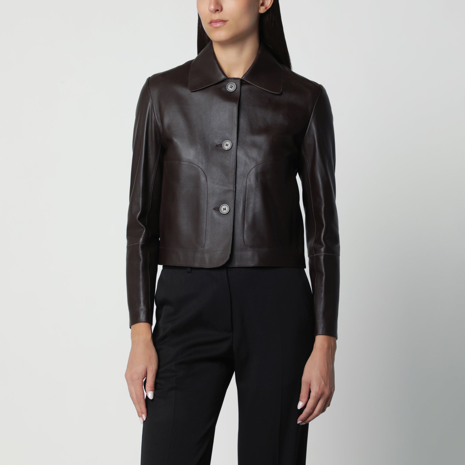 Giacca cropped Emy marrone caffè in pelle