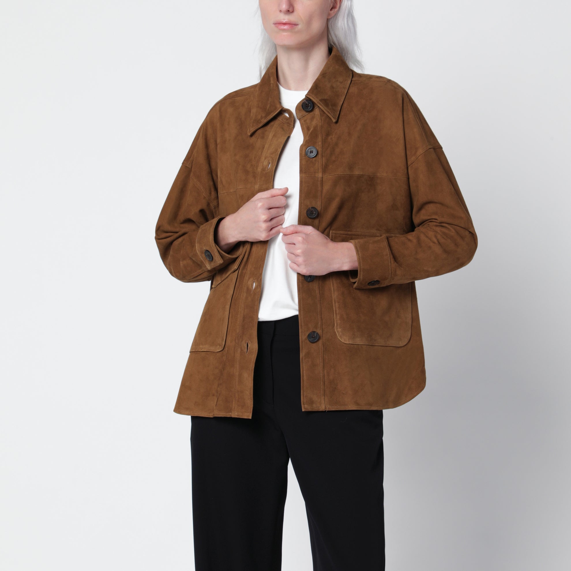 Giacca camicia Kaylee verde oliva in suede