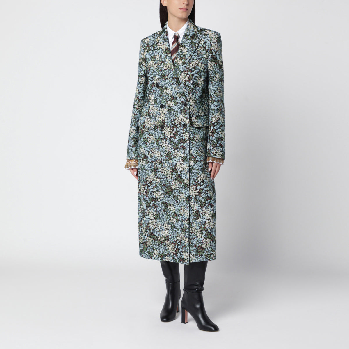 Double-breasted coat with floral jacquard pattern