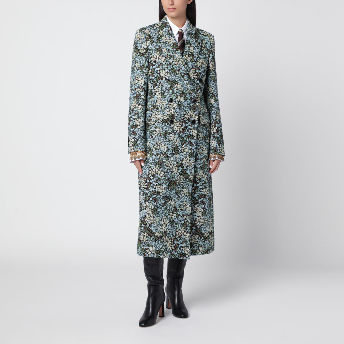 Double-breasted coat with floral jacquard pattern